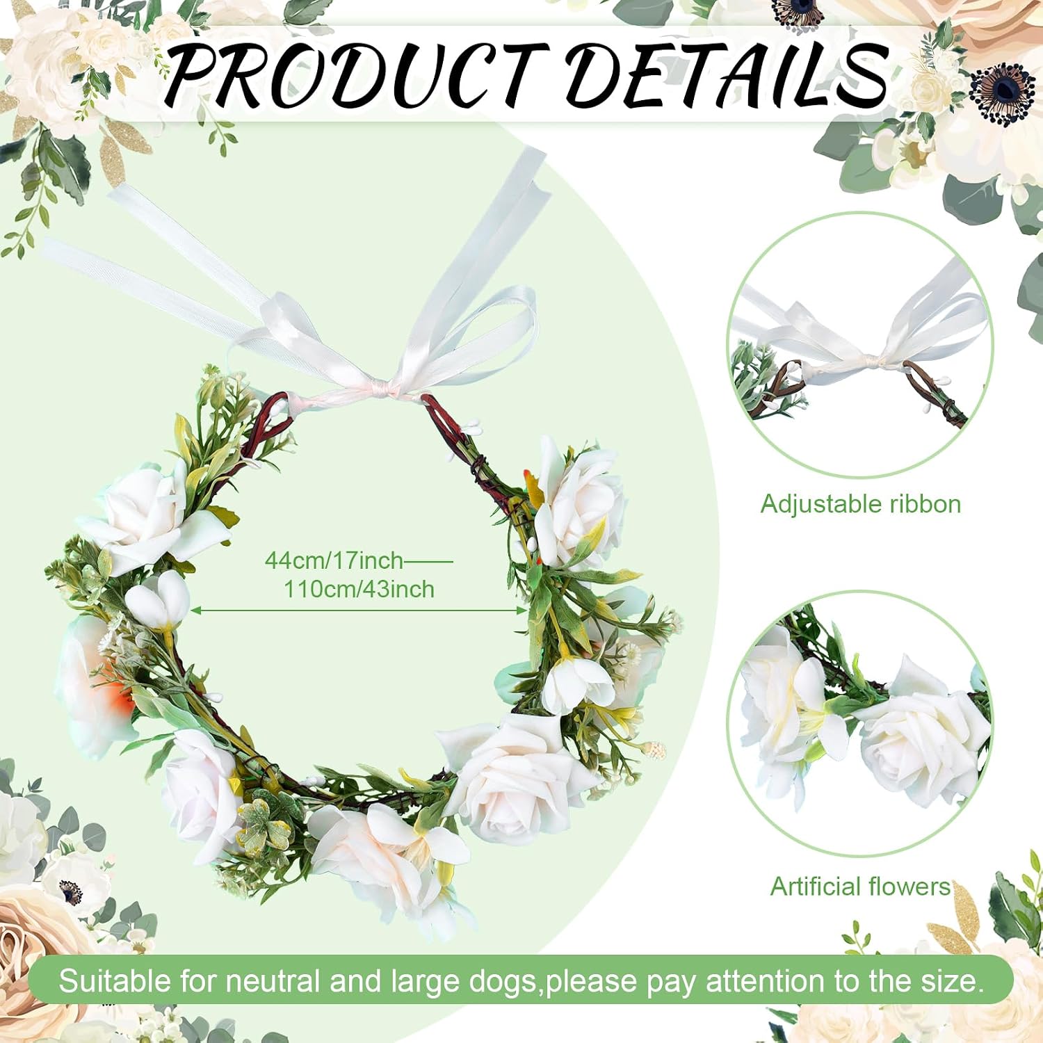 Pearls by Dog Wedding Collar and Leash Set - Elegant Flower Headband with Beaded Pearls - Adjustable Floral Collar (Medium) image 2