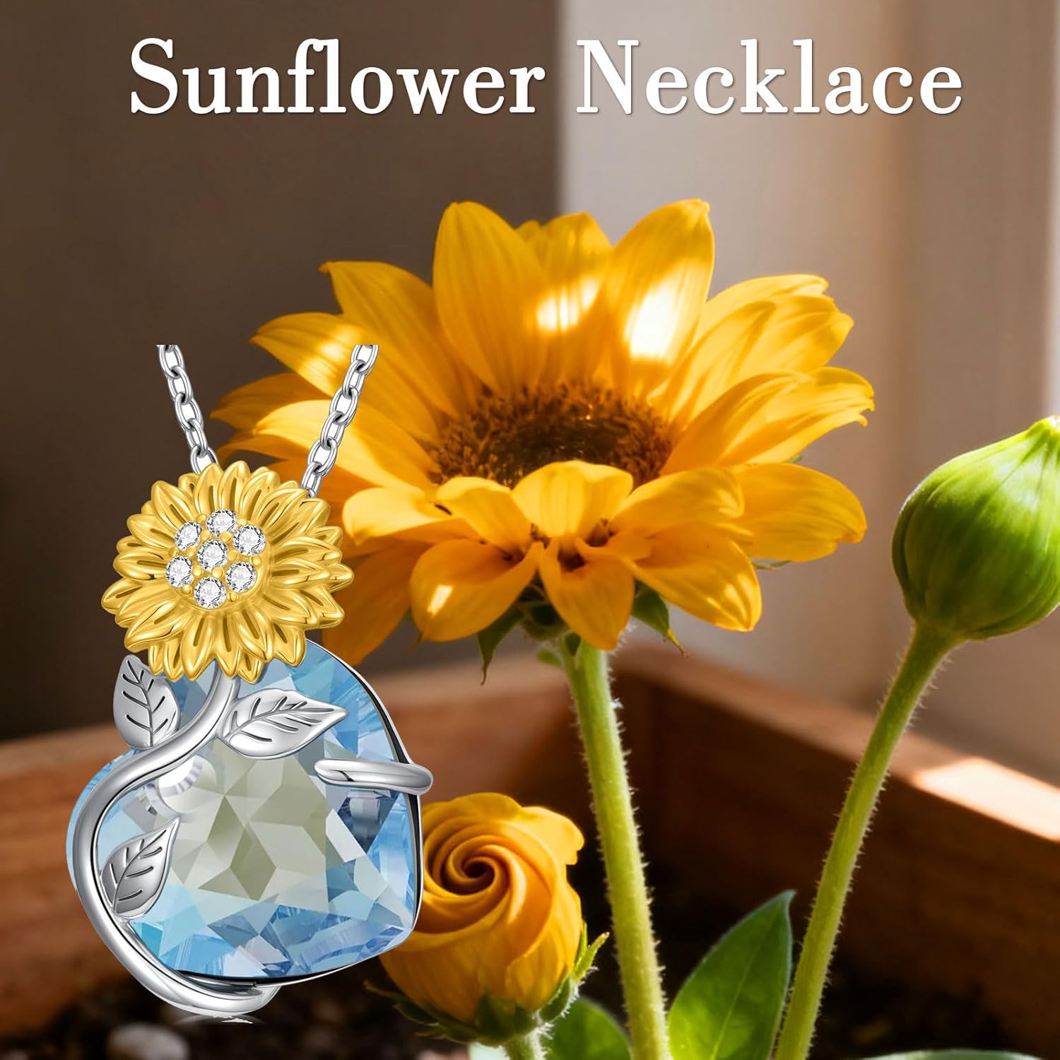Sunflower Birthstone Necklace for Women 925 Sterling Silver Sunflower Pendant Necklace with Heart Birthstone Jewelry Gift for Mom Wife - Image 6