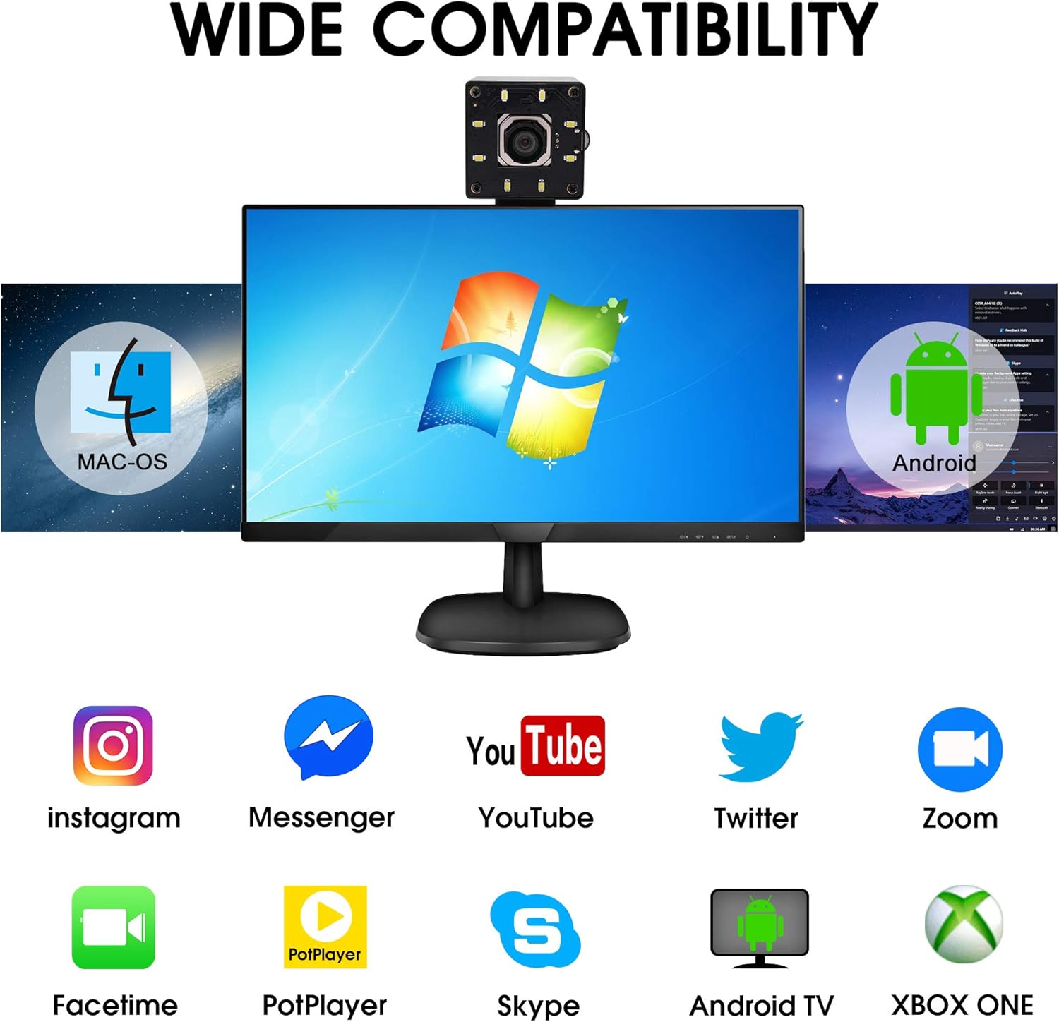 SVPRO 4K Autofocus USB Camera showing wide compatibility with various operating systems and applications