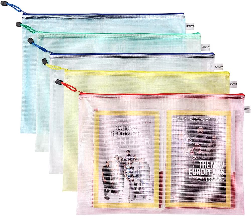 KATEVO Zipper File Bags A3, 5 PCS Large Mesh Zipper Pouch,17.7" x 12.6" Waterproof Document Pouch for School Office Supplies, Magazines, Toys, Receipts, Cosmetics and Travel Accessories