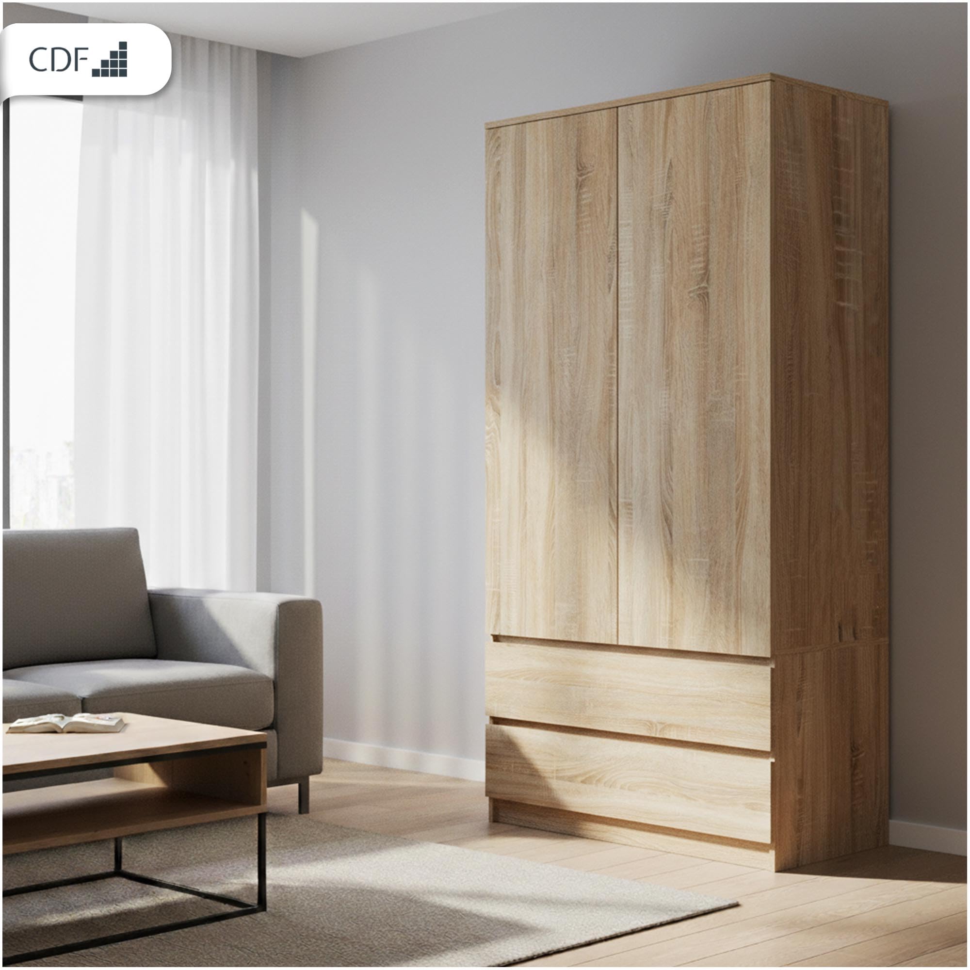 CDF Armadio Camera da Letto 90 cm 2 Ante 2 Cassetti Rovere Sonoma