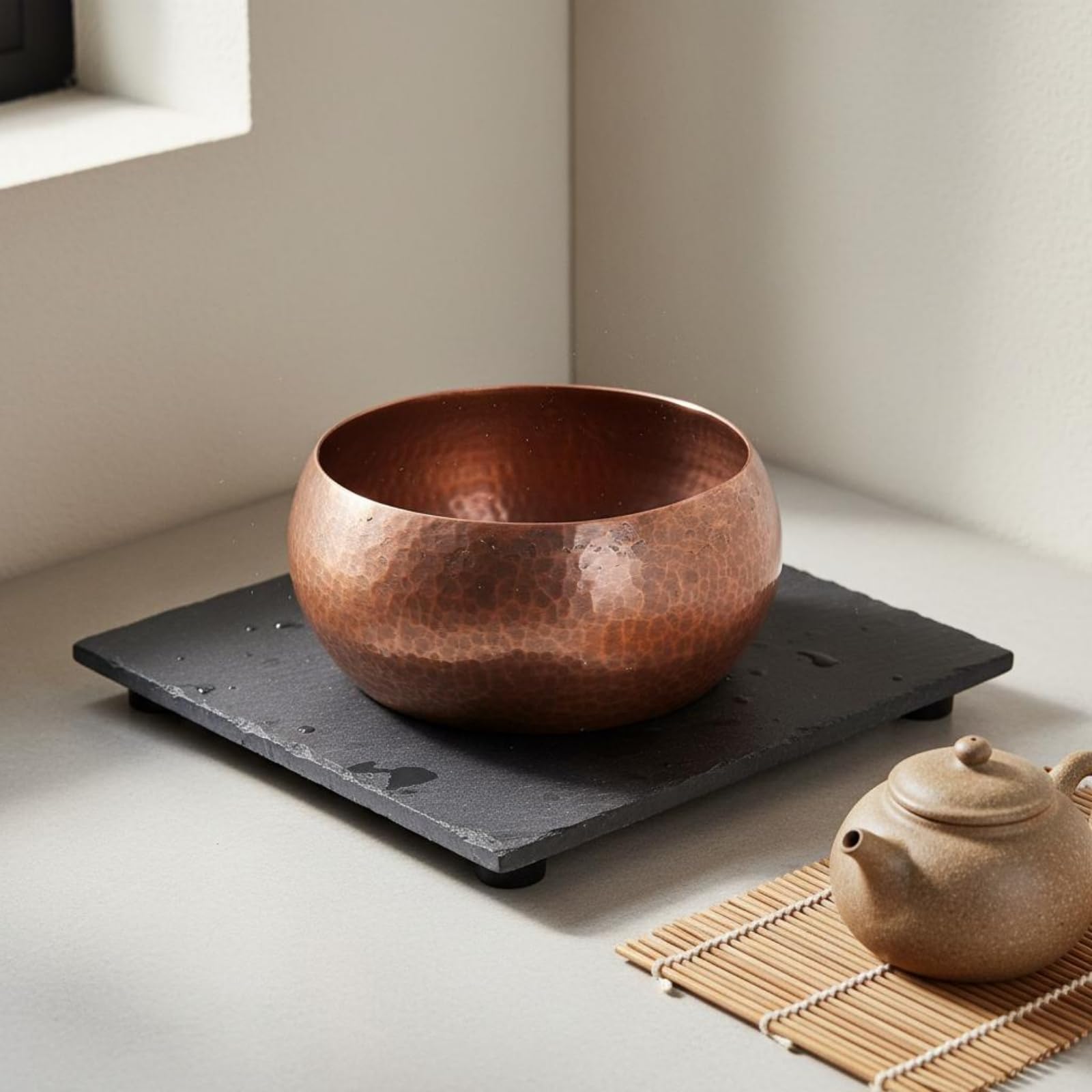 Rame Ciotola Tazza Pentola Catino Boccale per tè in Rame Martellato con Texture Artigianale per Risciacquo E Organizzazione del Set da tè Accessorio, caffè, Grande, 1.5 Spessore