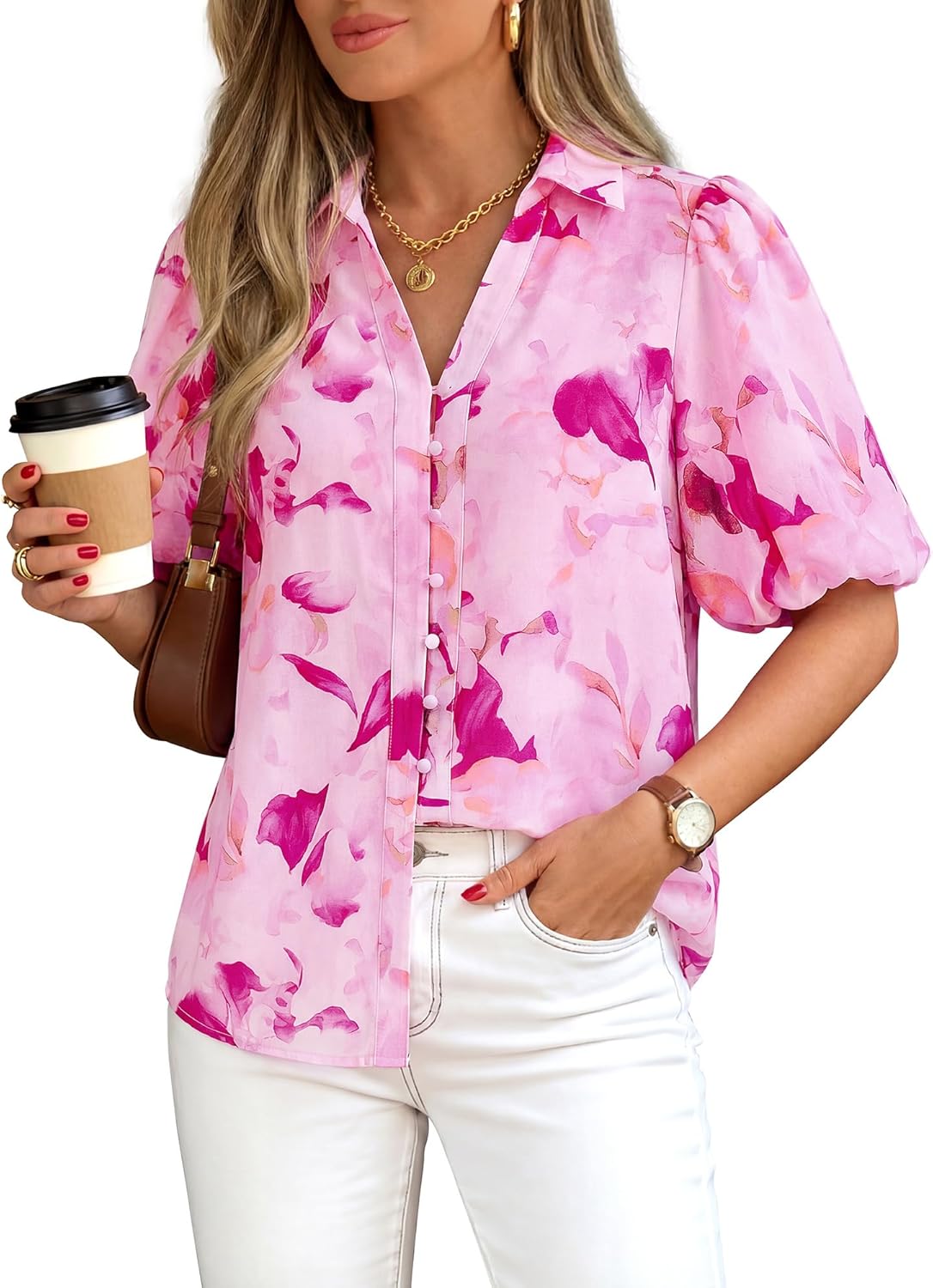 BTFBM Womens Tops Summer Button Down Shirts Casual Short Sleeve V Neck Floral Boho Business Blouses Vacation Outfits