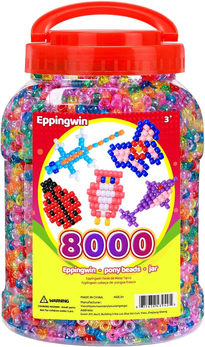 Eppingwin 8000+pcs Wholesale Large Pony Beads (6x9 mm) Bucket, Easy Storage Kandi Bead Bulk, Beads for Jewelry Making, Crafts(Glitter)