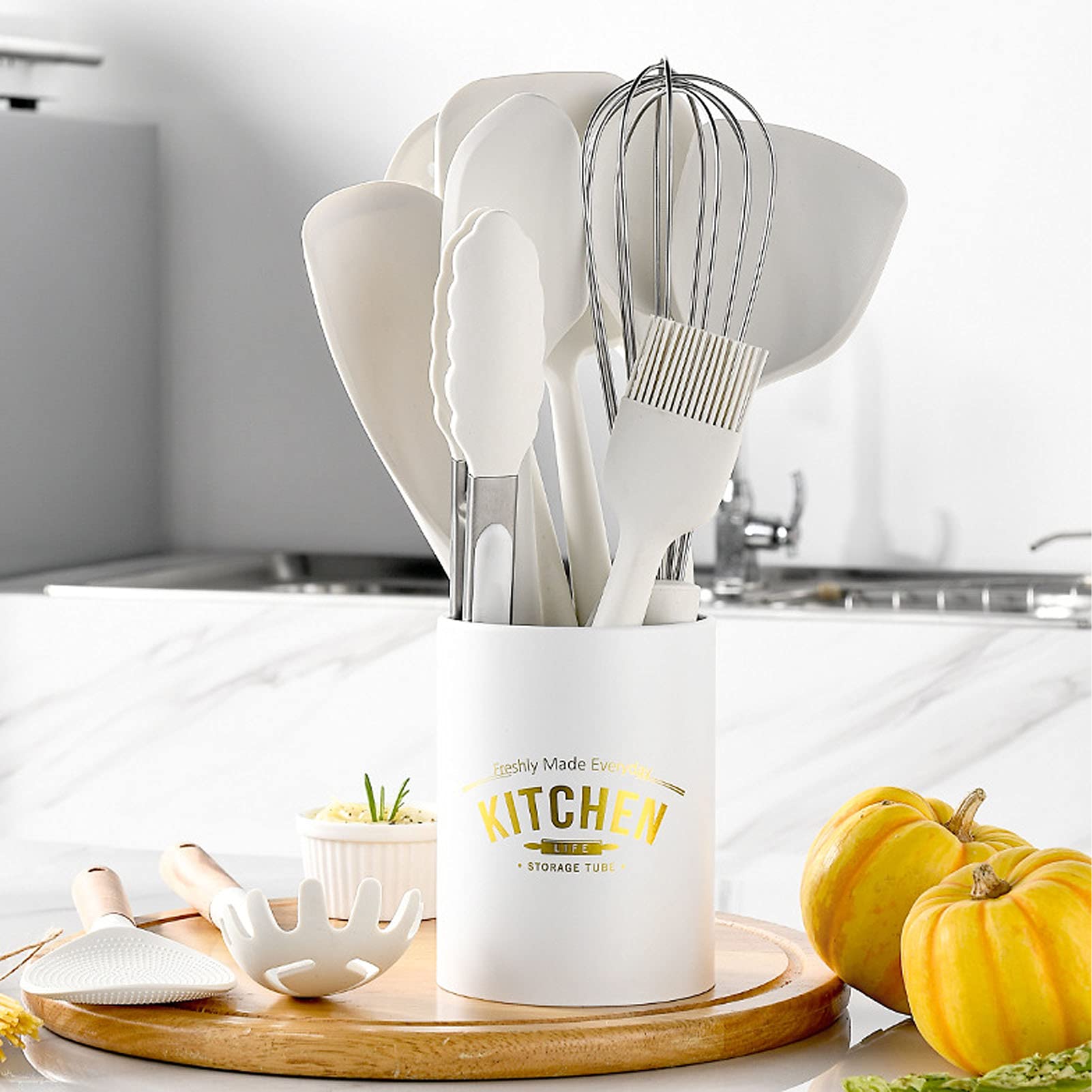 Kochutensilien, Silikon-Kochutensilien-Set, 12-teiliges Antihaft-Silikon-Küchenutensilien-Set mit Halter, Holzgriff, Silikon-Küchenhelfer-Utensil-Set für Antihaft-Kochgeschirr, Pfannenwender-Set