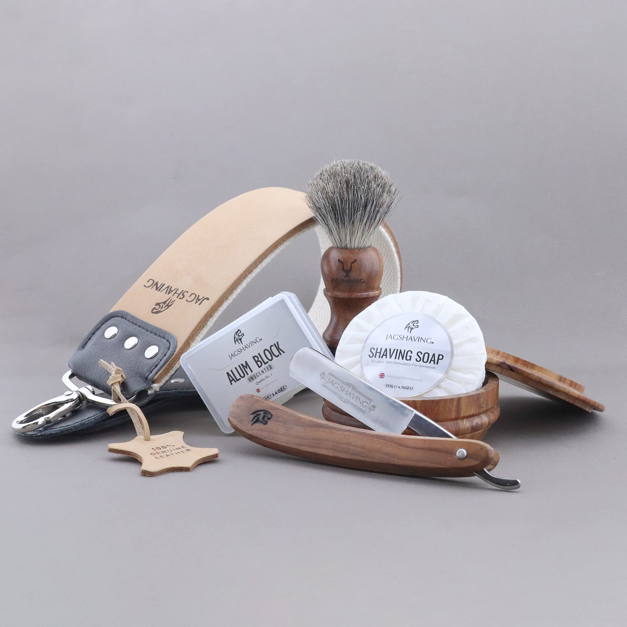 Jag Shaving Zestaw do golenia – 6-częściowy zestaw do golenia – brzytwa – super pędzel do golenia z włosia borsuka – mydło do golenia – miska do golenia z pokrywką – blok ałunowy – skóra ściągająca