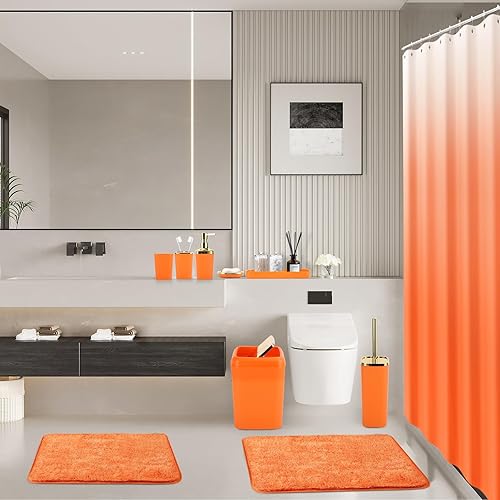 Miniatura 9 de Juego de baño - Juego de baño naranja con cortina de ducha y alfombras, juego de 24 cortinas de ducha con ganchos, dispensador de jabón, jabonera,