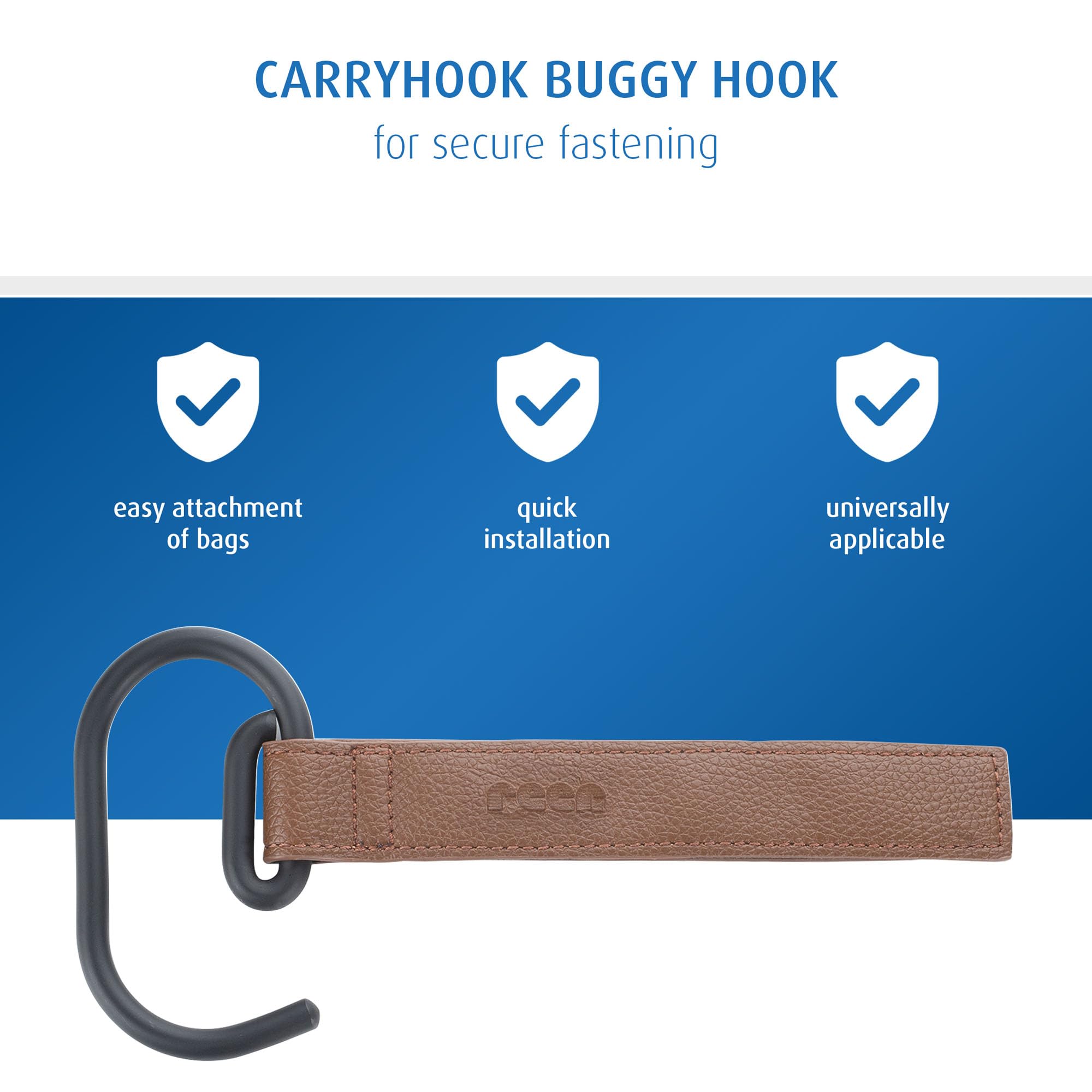 reer CarryHook haczyki do wózka dziecięcego, 2 sztuki, uniwersalne haczyki na torby na pieluchy i torby na zakupy, mocowanie na rzepy, akcesoria do wózków dziecięcych, brązowo-czarne