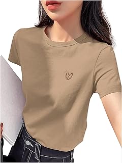 Women's Heart Embroidery T Shirt Crewneck Short Sleeve Casual Summer Tees Tops - Buy now