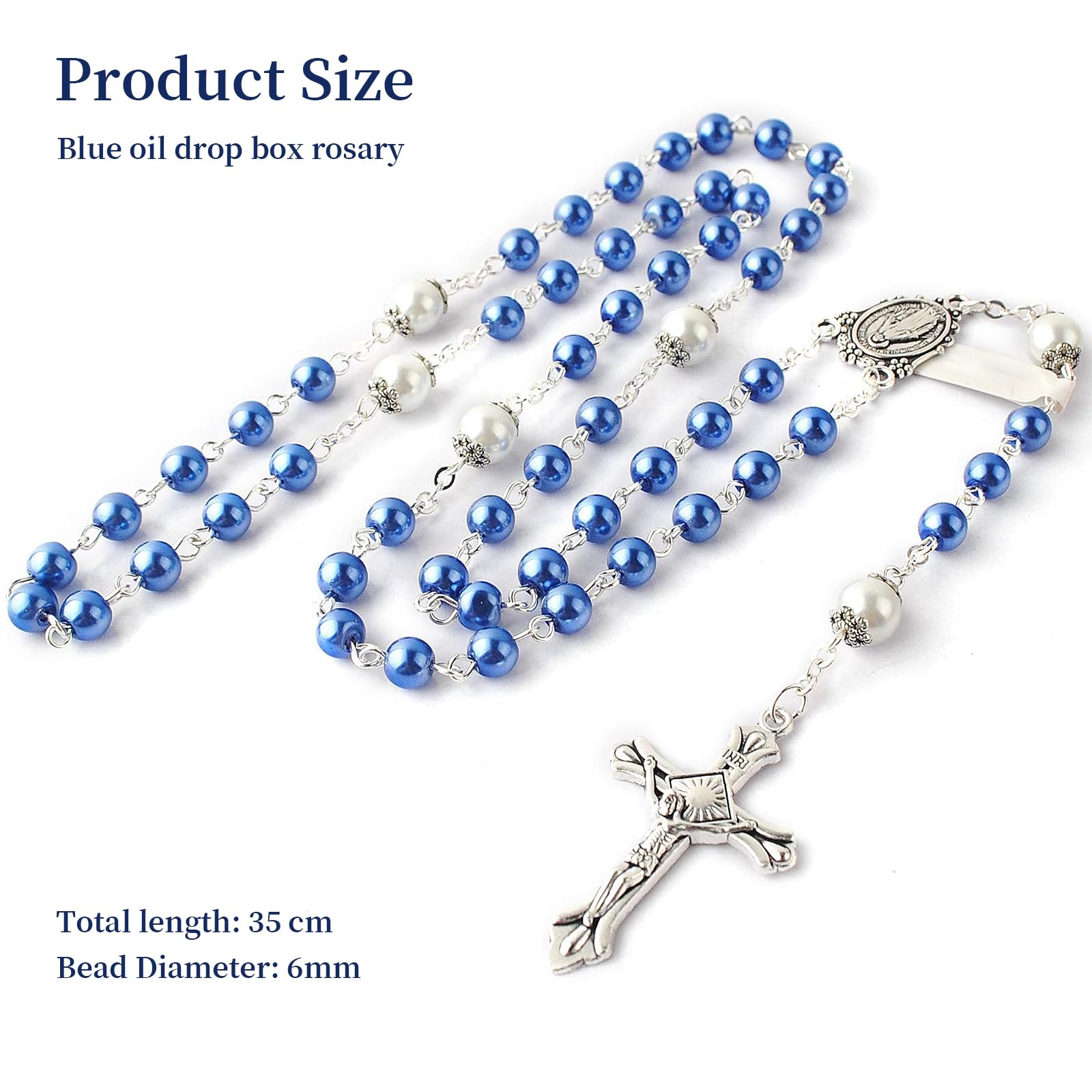 6mm Glasperlen Rosenkranz mit 8mm Vaterunser-Perlen, Katholische Kette im Wunder-Metall-Geschenkbox, Erstkommunion und Personalisiertes Blau Rosenkranz