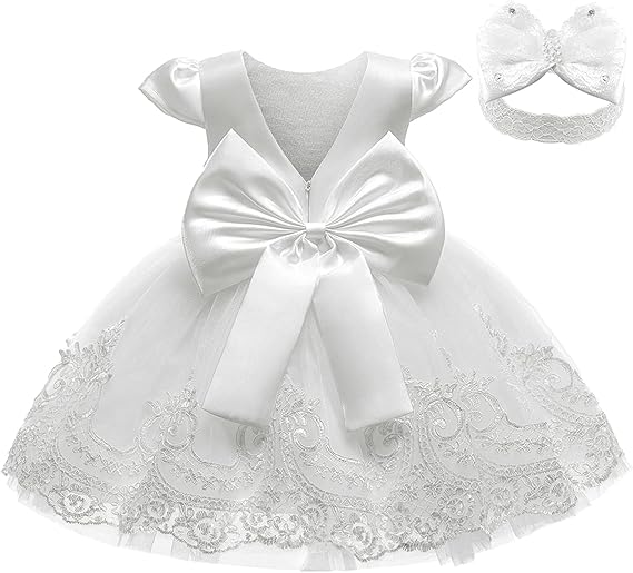 3M-3T Toddler Baby Girls Dresses Pageant Wedding Flower Girls Dress Formal Gowns Embroidered Lace Dress + Headwear