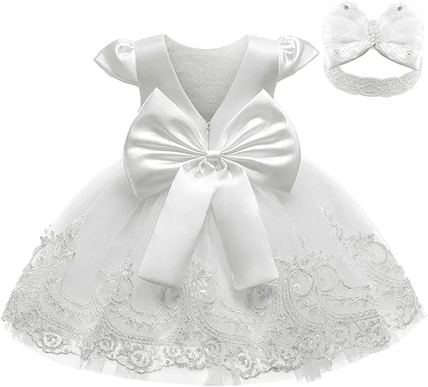 3M-3T Toddler Baby Girls Dresses Pageant Wedding Flower Girls Dress Formal Gowns Embroidered Lace Dress + Headwear