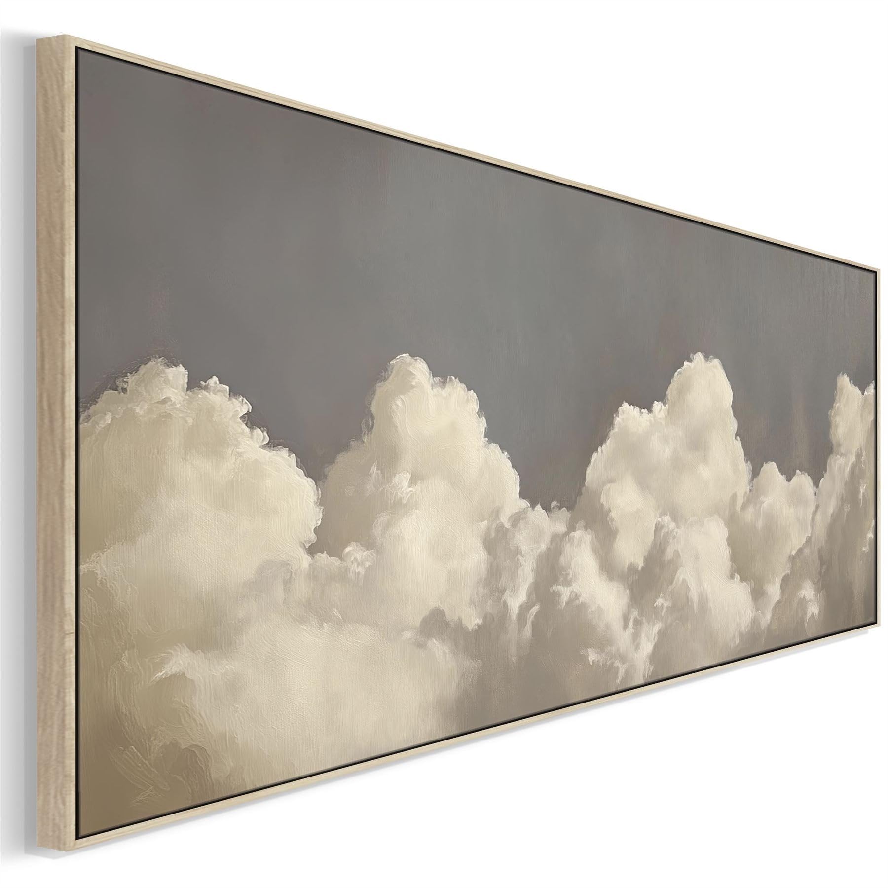 Wallfillers Clouds Abstract Modern Framed Panoramic Artwork Grey White Horizontal Wall Art (143 x 52cm)