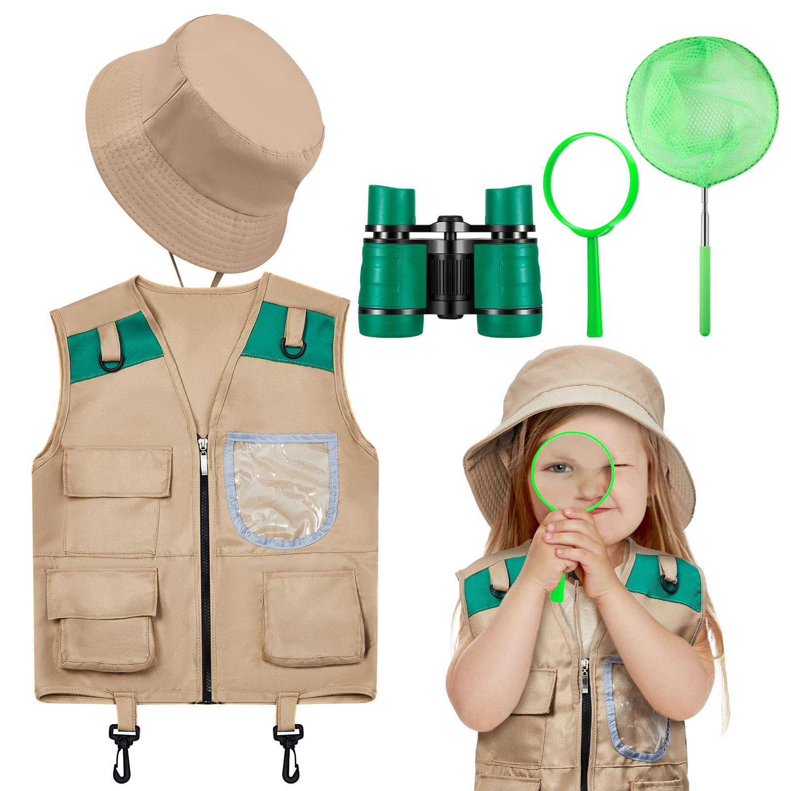 Kit De Explorador Infantil Con Chaleco, Sombrero, Prismáticos Y Red | 18 Piezas De Aventura Al Aire Libre Para Niños De 3 A 10 Años