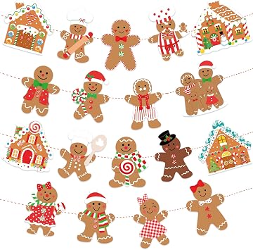 Gingerbread Theme Garland Banner, 2 Pcs Christmas Gingerbread Man Hanging Banner, Colorful Candy Gingerbread Man House Party Cutout Banners for Xmas Party Winter Holiday Home Wall Decor