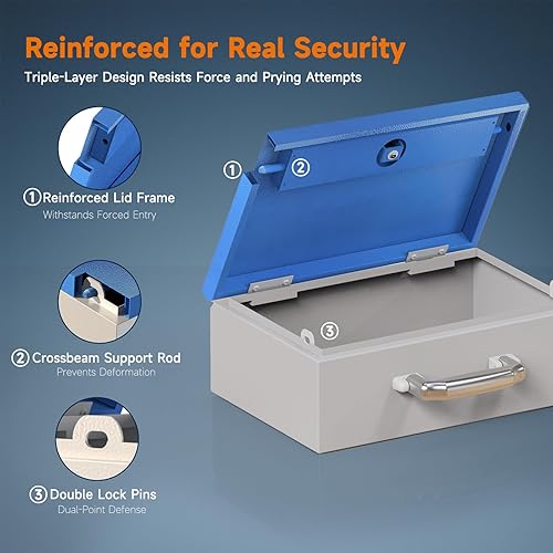 Miniatura 3 de WeHere Caja fuerte con cerradura con llave, caja de bloqueo de metal resistente para efectivo, documentos, objetos de valor, bolsa ignífuga, caja de