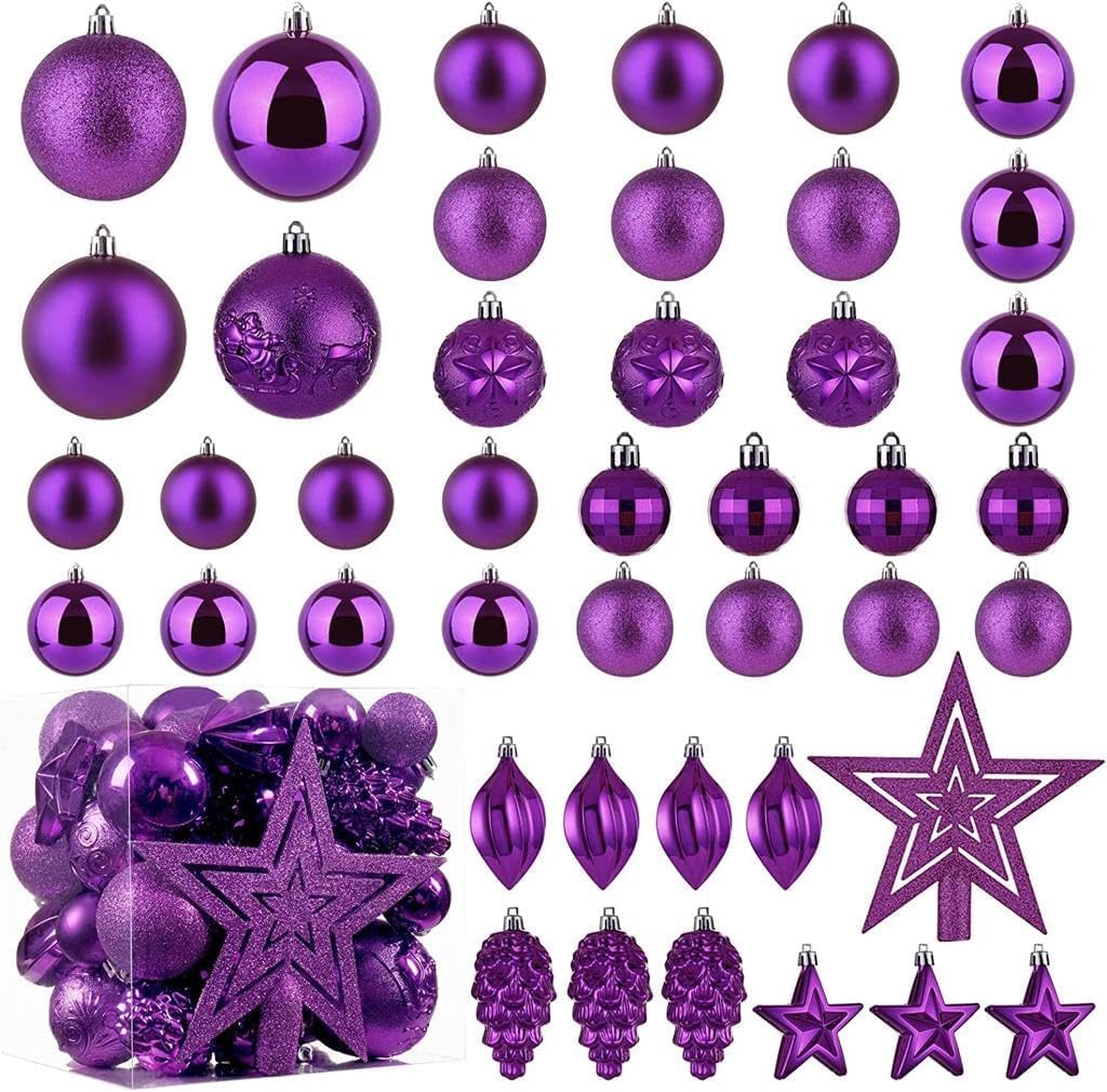 Homion Purple Christmas Ball Baubles Decoration Tree Ornaments Including Balls Stars And A Tree Topper Shatterproof Xmas Hanging 43 Pieces Set Home Office Outdoor Indoor (, 43Pc)
