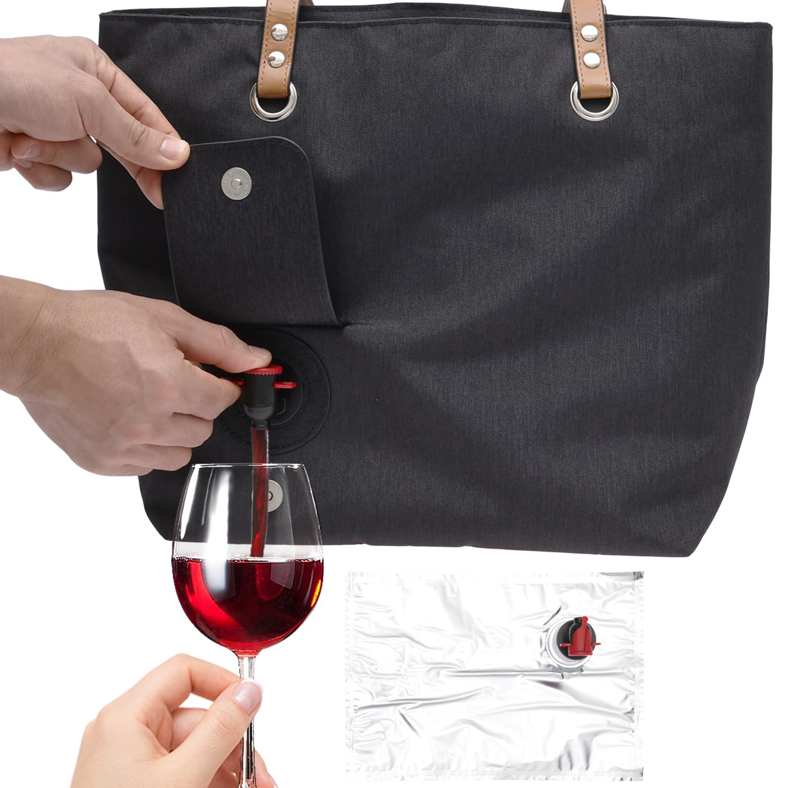 VAVPUP Wine Tote With Drink Dispenser,Canvas Wine Purse With Hidden Insulated Compartment,Beach Portable Bag Shoulder Bag For Picnic,Camping,Travel(black)