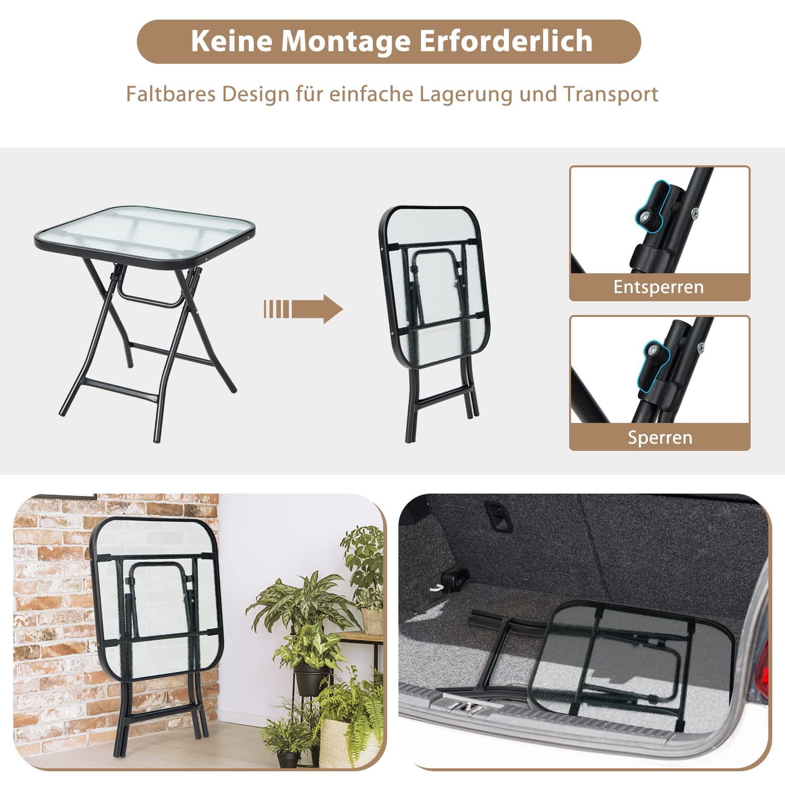 FANTASK Tavolino pieghevole quadrato resistente alle intemperie, tavolo da giardino con piano in vetro temperato, per balcone, giardino, terrazza, 46,5 x 46,5 x 42 cm