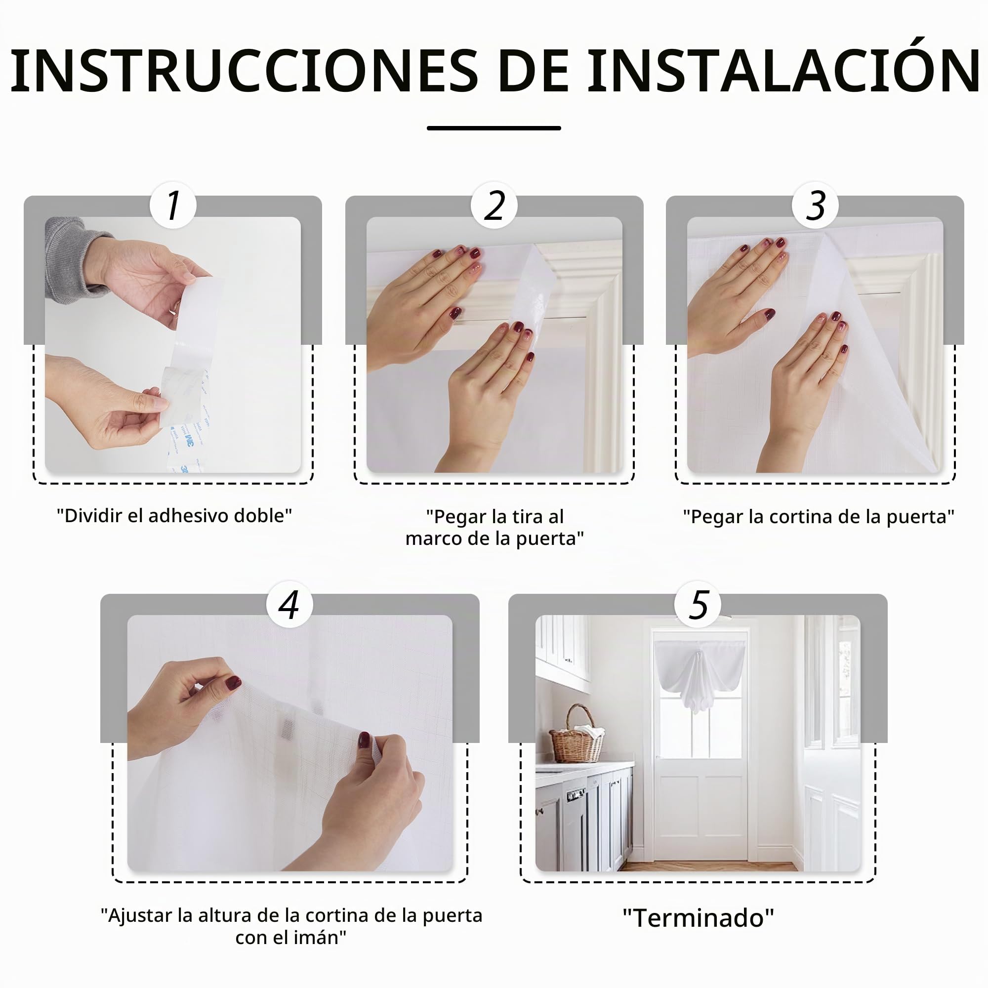 PONY DANCE Cortina Puerta Translucida con Adhesivas Magnético Visillos Cortina Efecto Lino Puertas de Cocina, Salón, Patio, Blanco, 2 Piezas