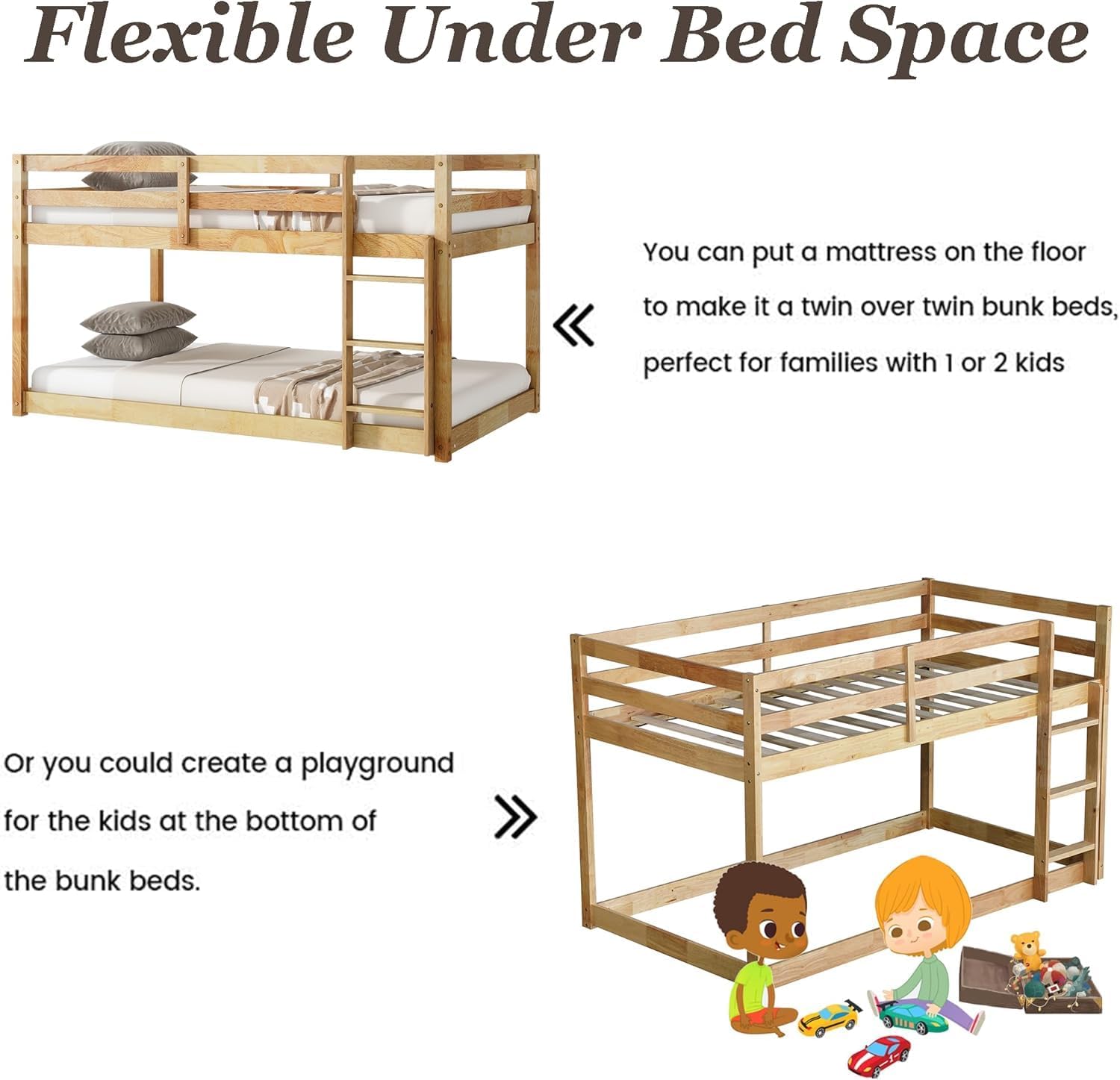 Twin Over Twin Floor Bunk Bed for Kids, Low Bunk Beds with Ladder, Solid Wood Bunk Bed Frame with Guardrails, No Bottom Slats (Natural)