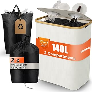SOUTHGATE 37 Gallon Recycling Bin for Kitchen with 2 Compartments, 140L Large Indoor Recycling Trash Can with Lid, 2 Removeable Reusable Inner Bags Bottle Can Glass Waste Plastic Stickers, White