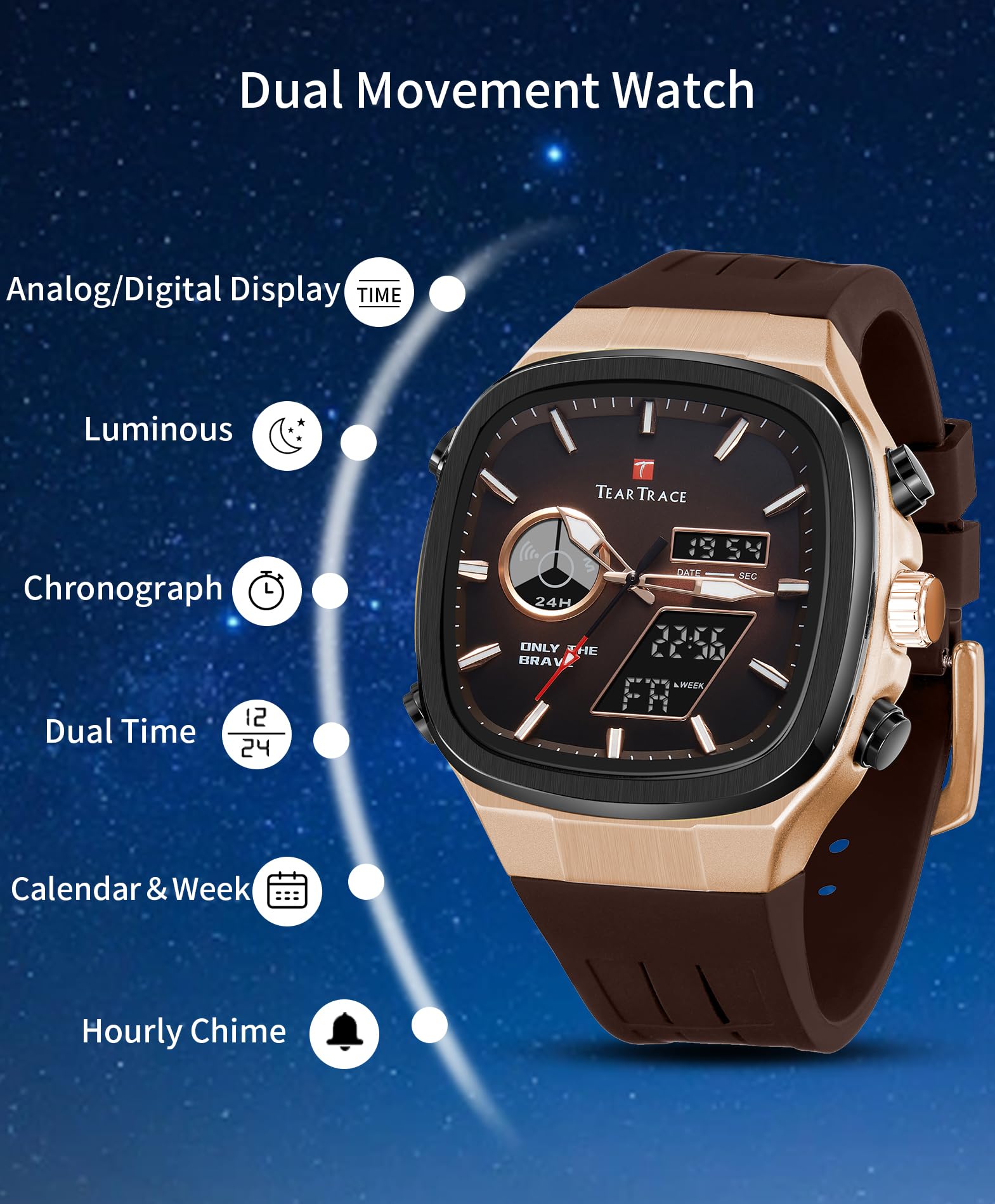 TEARTRACE Reloj analógico digital para hombre, luminoso, impermeable, deportivo, moderno, casual, trabajo, ideal para deporte y uso diario, Marrón, deporte, trabajo, casual