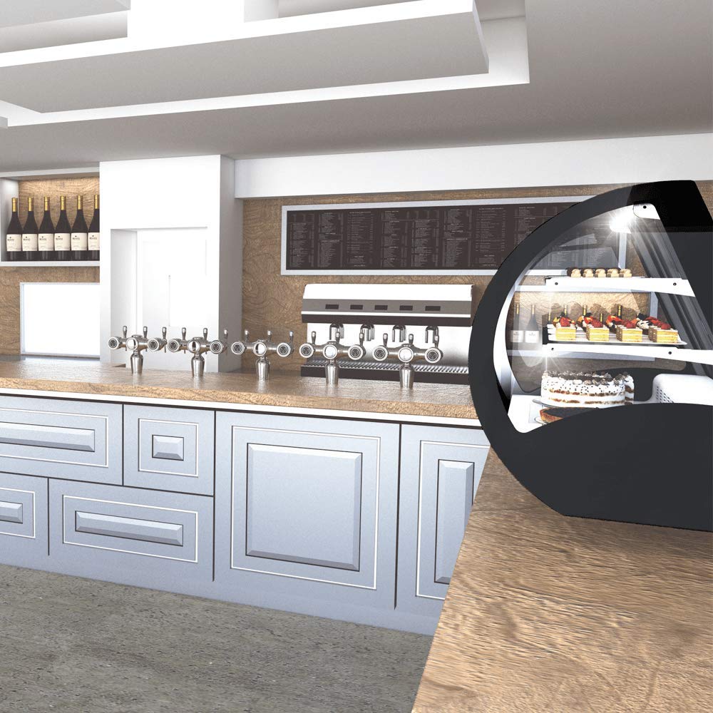MBH - Vitrina expositora refrigerada VELA para hostelería. Frigorífico expositor profesional con cristal curvo para pasteles, tartas, bebidas y comida.
