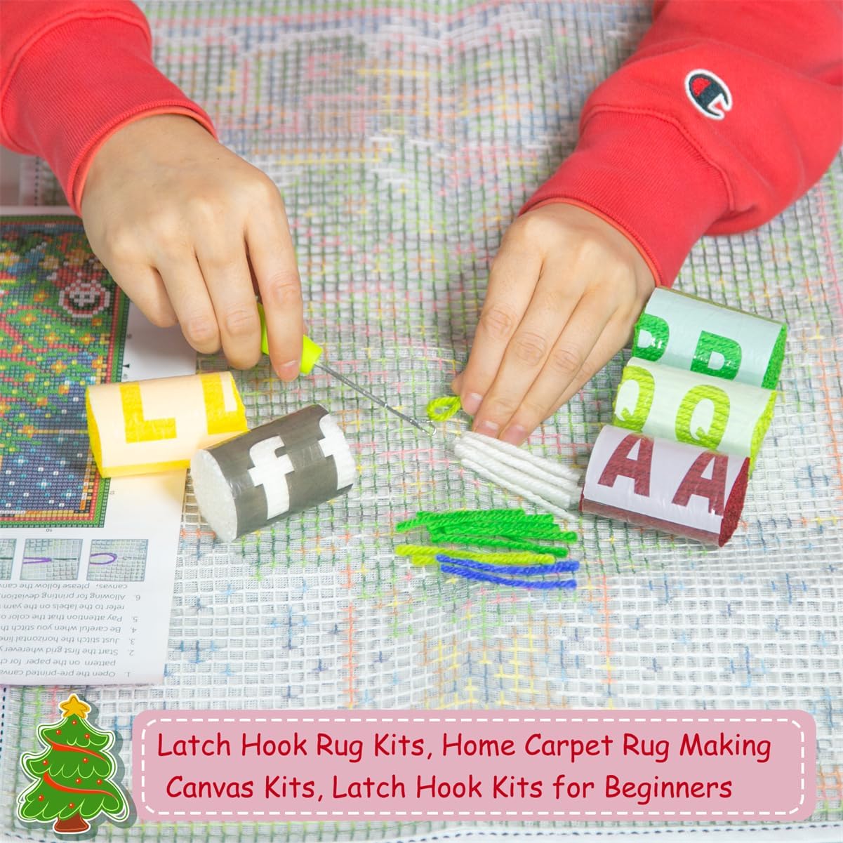 DL-YTG Latch Hook Kits Rug Christmas Tree Crochet Yarn Cushion Colour Pre-Printed Canvas Cover Rug Needlework DIY Hook and Latch Kit Home Decoration 52x38cm/20 X15inch