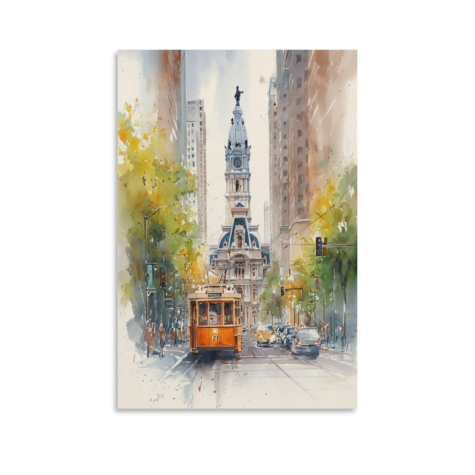XWYMXZ Philadelphia Watercolor Trolley Car 20x30inch(50x75cm) Vintage Travel Poster Watercolor Canvas Art
