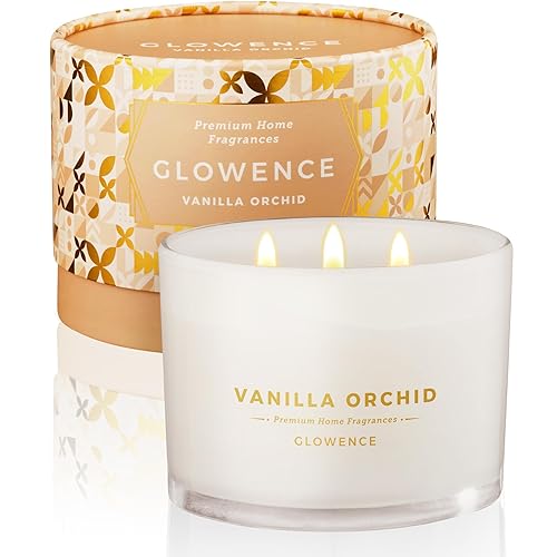 Glowence Vanilla Scented Candle - 100% Natural Soy Wax - Large 3 Wick Jar Candle - Up to 40 Hours Burning Time - Aromatherapy Candles for Home - Housewarming Gift for Men and Women - Vanilla Orchid