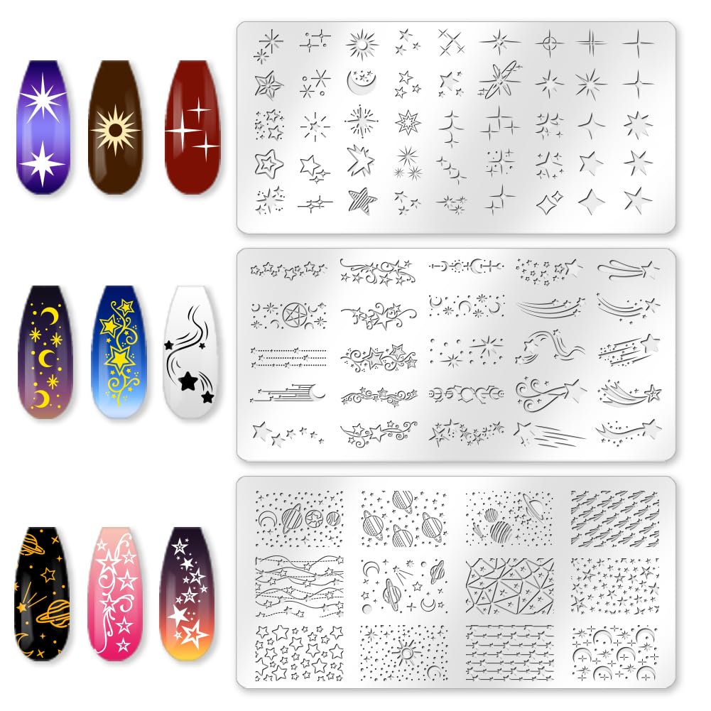 beinkmake 3Pcs Star Nail Stamping Plate Set Moon Planet Nail Stamping Templates French Line Tip Nail Stamp Plates Lovely Meteors Metal DIY Reusable Tools with Stamper Scraper for Manicure Printing - Image 3