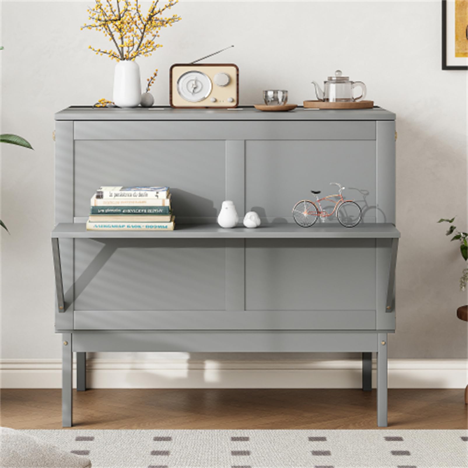 Letto verticale per armadio con rete a doghe, pieghevole da parete per adulti e ragazzi, letto singolo, per camera da letto, letto degli ospiti, in legno, struttura del letto, grigio, 90 x 200 cm