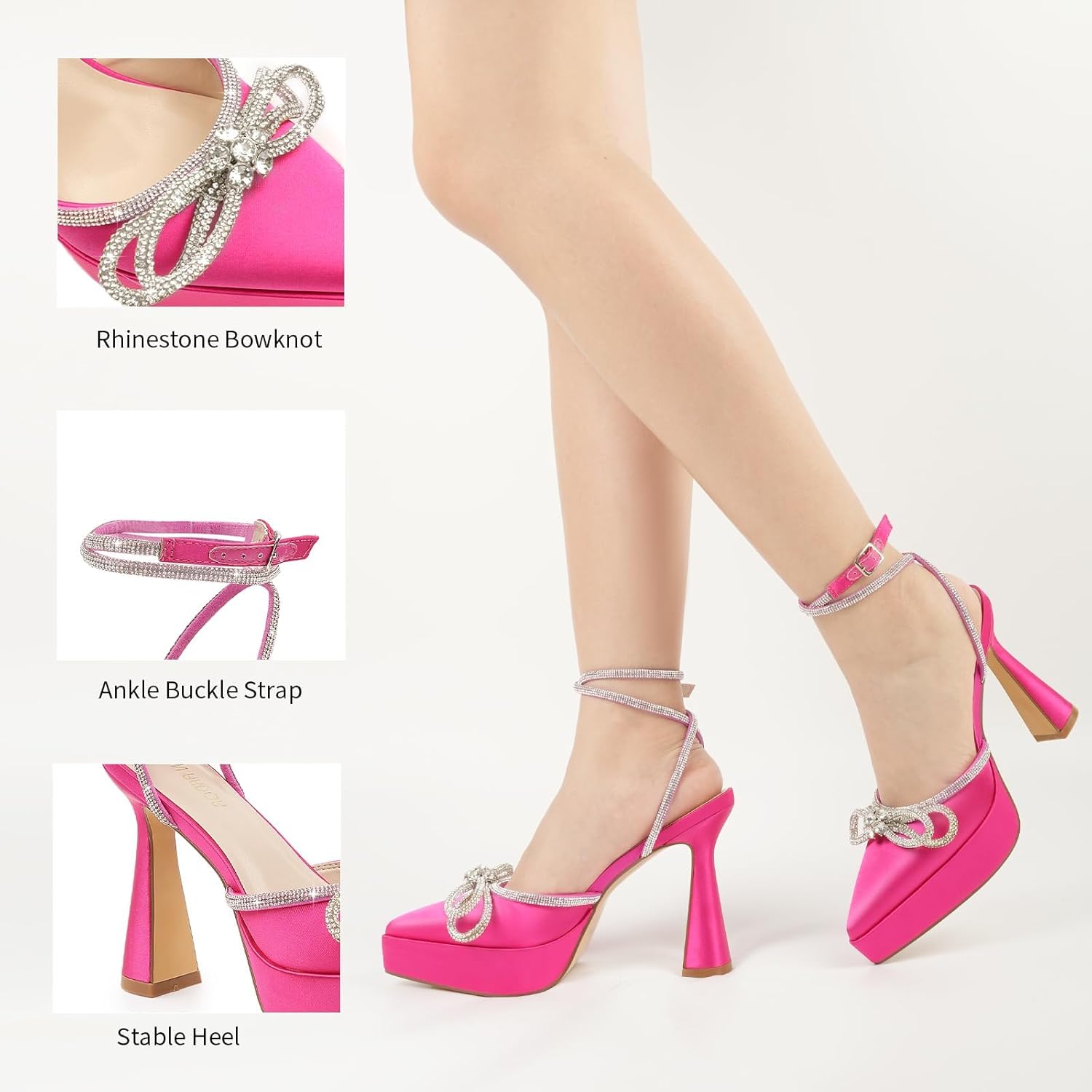 JENN ARDOR Women's Platform Heels Ankle Strap Pumps High Heeled Pointed Toe Stiletto High Heel Sandals Rhinestones Bow Knot Party Prom Dress Pumps Shoes for Women - Image 4