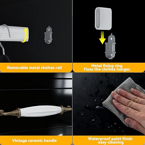 Vista 5 de Armario Armario con 3 cajones y luz LED de 72 pulgadas, armario de madera para dormitorio con 2 puertas y manijas de puerta de cerámica retro, Negro