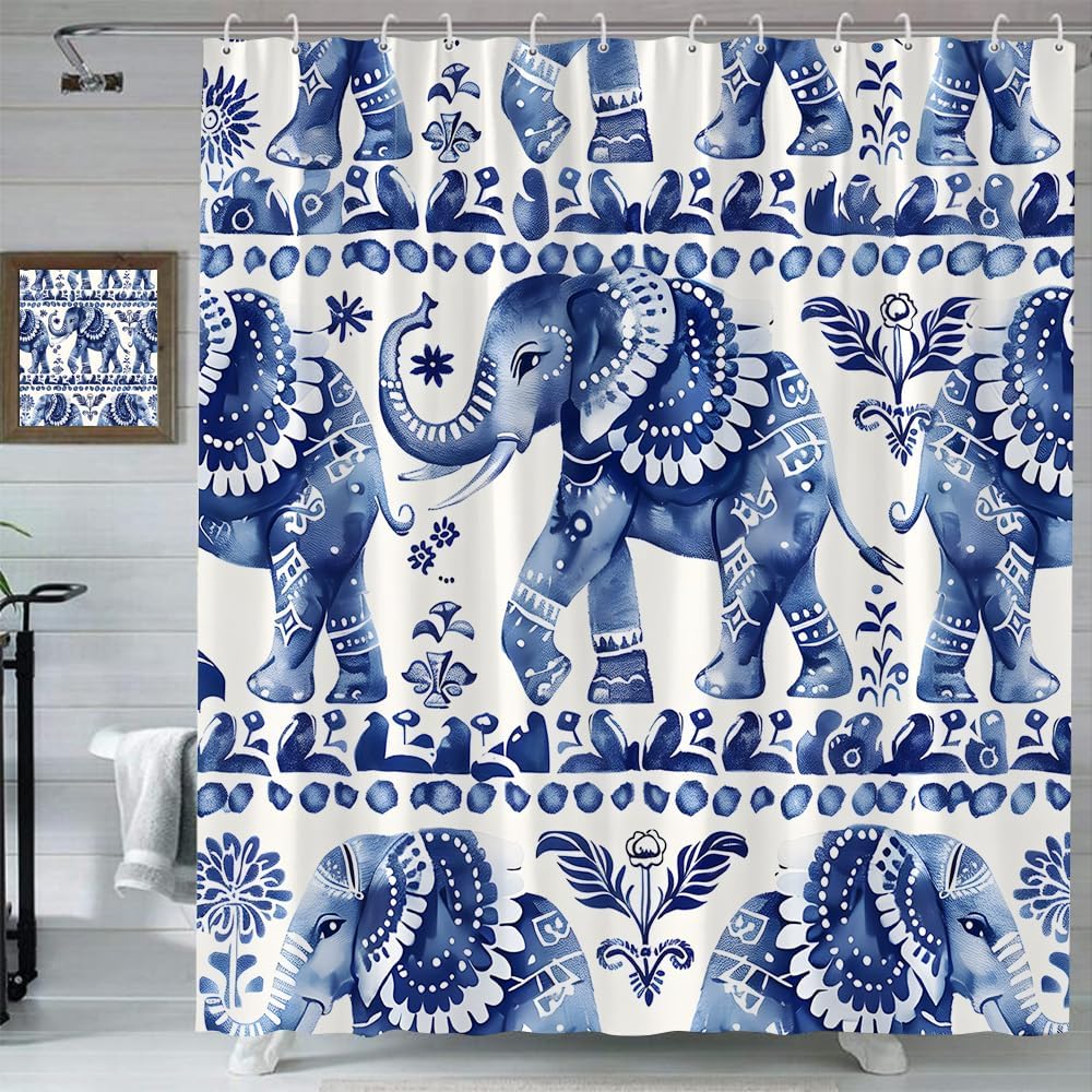 Boho Elephant Shower Curtain Retro Indigo Blue Tropical Wildlife Ethnic Indian Mandala Floral Paisley Sacred Animal Unique Chic Bohemian Floral Exotic Polyester Fabric Bathroom Curtains with Hooks