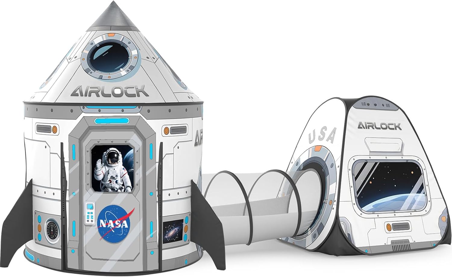 3Pcs Kids Rocket Play Tent for Boys: Pop Up Toddlers Spaceship Playhouse with Baby Crawl Tunnel, Ball Pit and Castle Tent - Children Game Tent Toys Indoor and Outdoor for Birthday