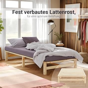 Homestyle4u Wooden Bed 90 x 200 cm with Mattress & Slatted Frame - Pine Solid wood single bed in pallet bed style - natural includes comfort foam mattress (H2) allergy-friendly