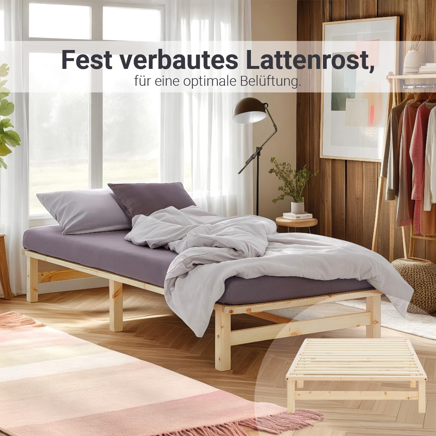 Homestyle4u Holzbett 90x200 mit Matratze & Lattenrost – Kiefer | Massivholz Einzelbett im Palettenbett-Stil – naturbelassen, inkl. Komfortschaummatratze (H2), allergiker-freundlich