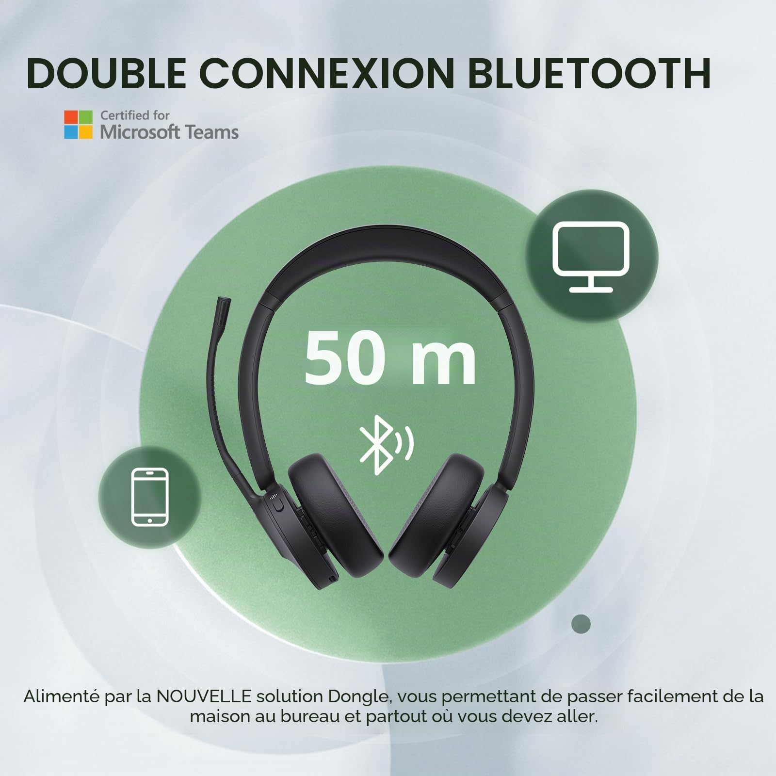 Yealink Casque Bluetooth sans Fil BH70 avec Microphone pour Le Travail, jusqu'à 35 Heures d'autonomie en Conversation, Suppression du Bruit à 3 Microphones, 147g Casque certifié Microsoft Teams