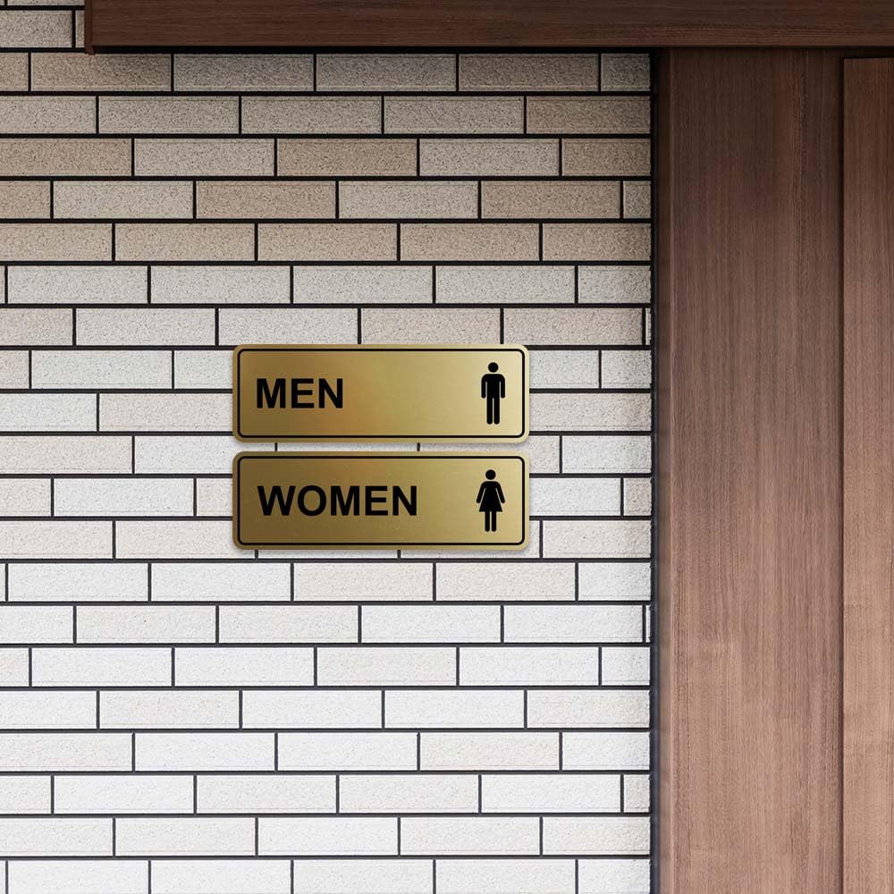 Letrero estándar para baño para hombres y mujeres (juego de 2) – Oro cepillado – Tamaño mediano, paquete de 5 (10 piezas)