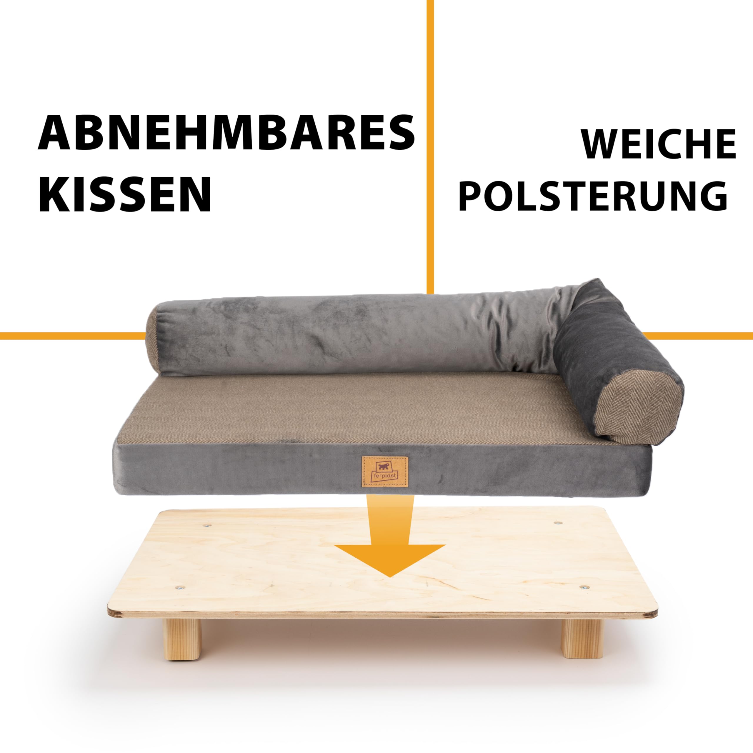 Ferplast Hundebett Katzenbett aus FSC®-zertifiziertem Holz mit weichem Kissen, Stil, Komfort und Haltbarkeit, 63 x 40 x 24 cm hoch.