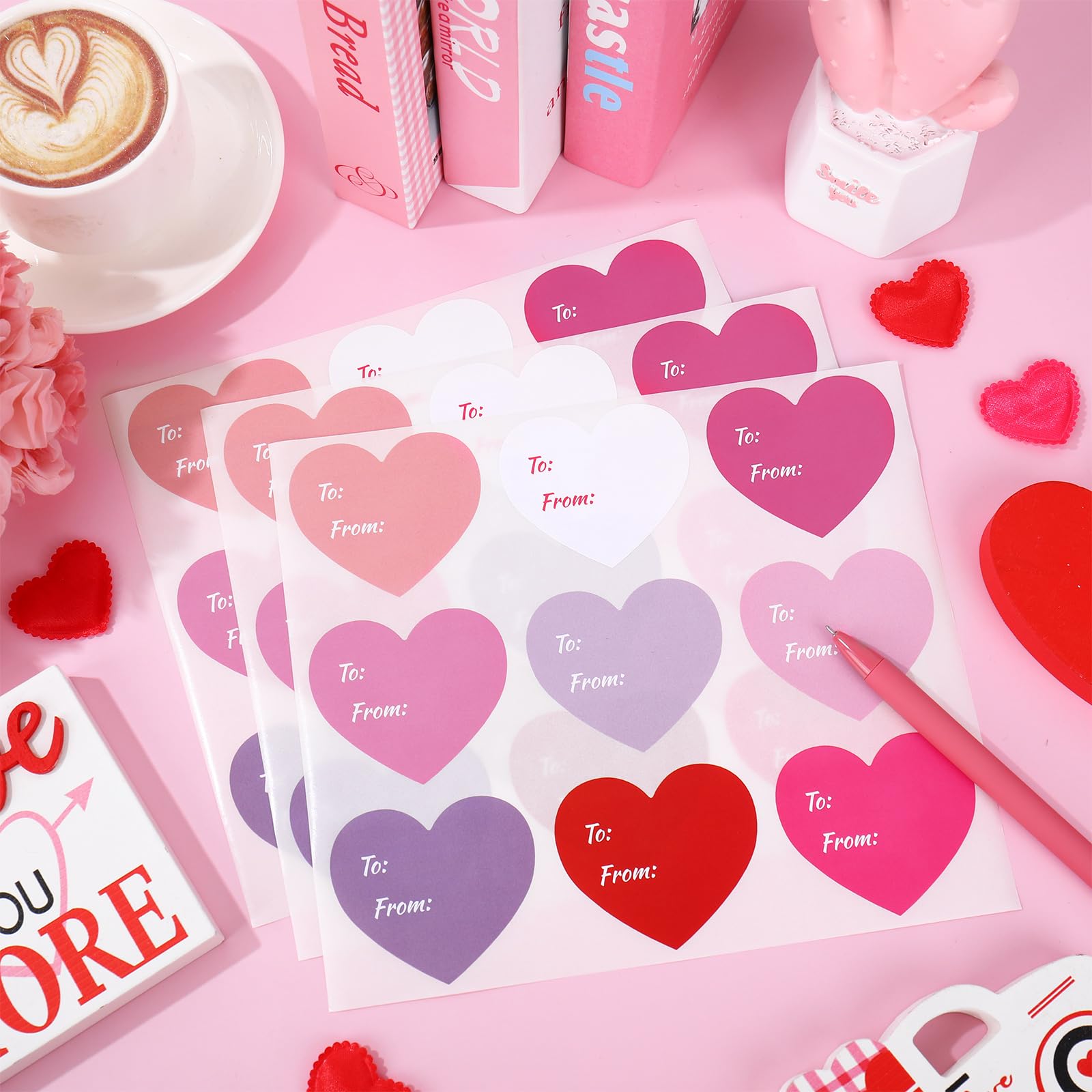 Whaline 315 Stück Valentinstag Herz Geschenkanhänger Aufkleber 6,3 cm rosa rot Papier Geschenkaufkleber zu und von Selbstklebendes Blanko-Etikett für Hochzeit, Geschenkverpackung, Karte, Umschlag