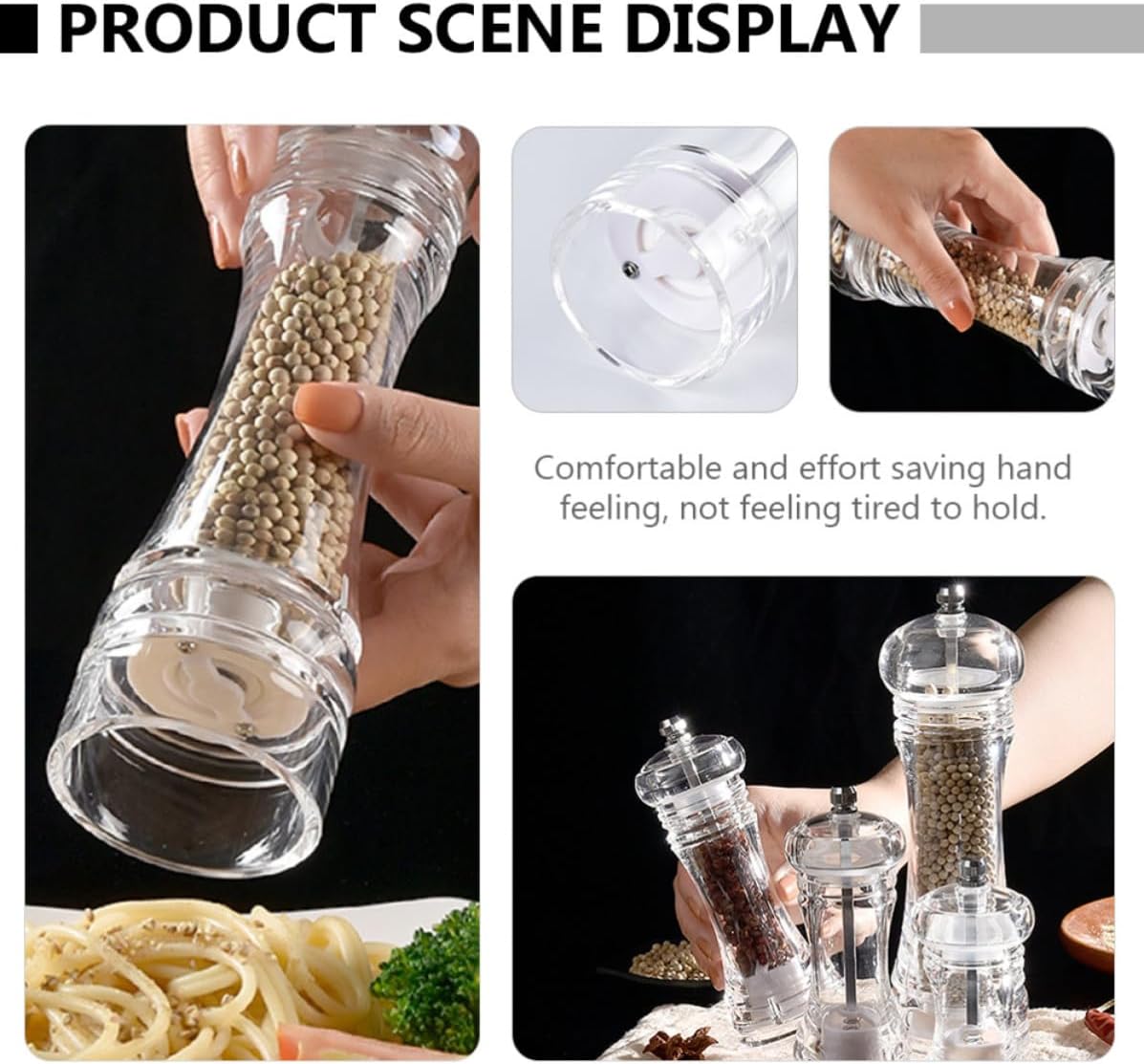 Acrylic Pepper Mill for Sea Salt, Adjustable Manual Grinder