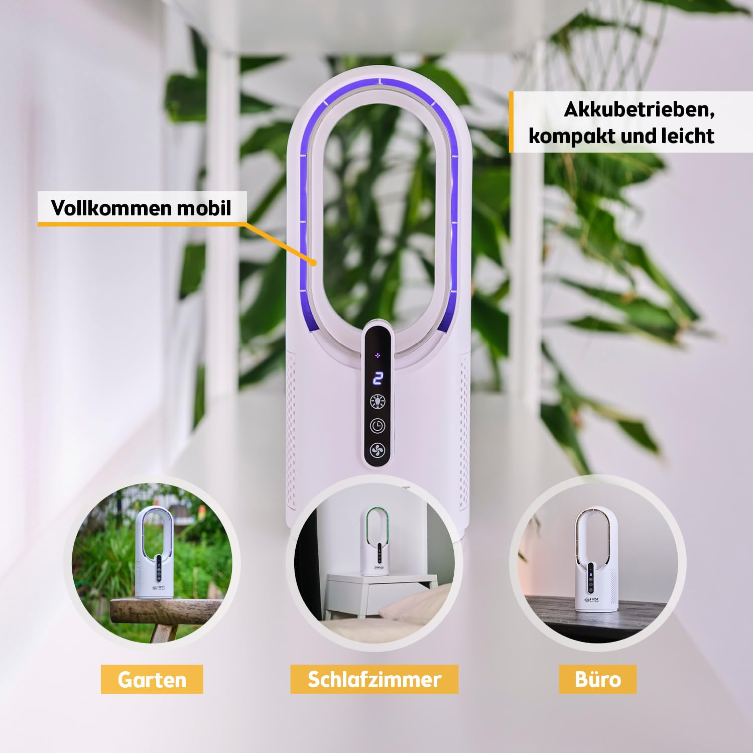 TZS First Austria - Akku Tischventilator - 5W - 3 Stufen & Timer - Leiser Turboloser Ventilator mit 7-Farben Nachtlicht & USB-C - Touch-Bedienung - Weiß