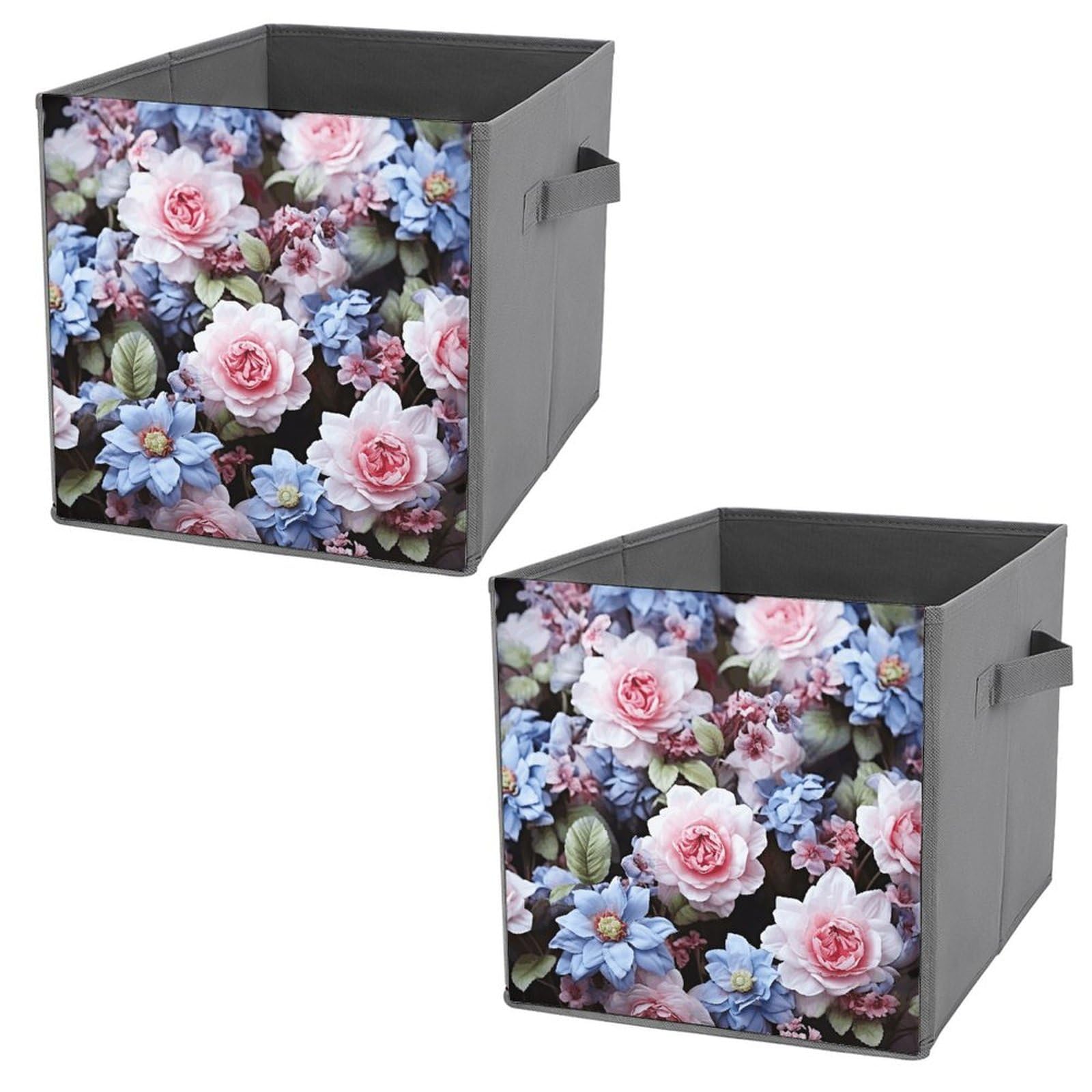 Boîte de rangement en tissu à fleurs avec poignées en cuir premium