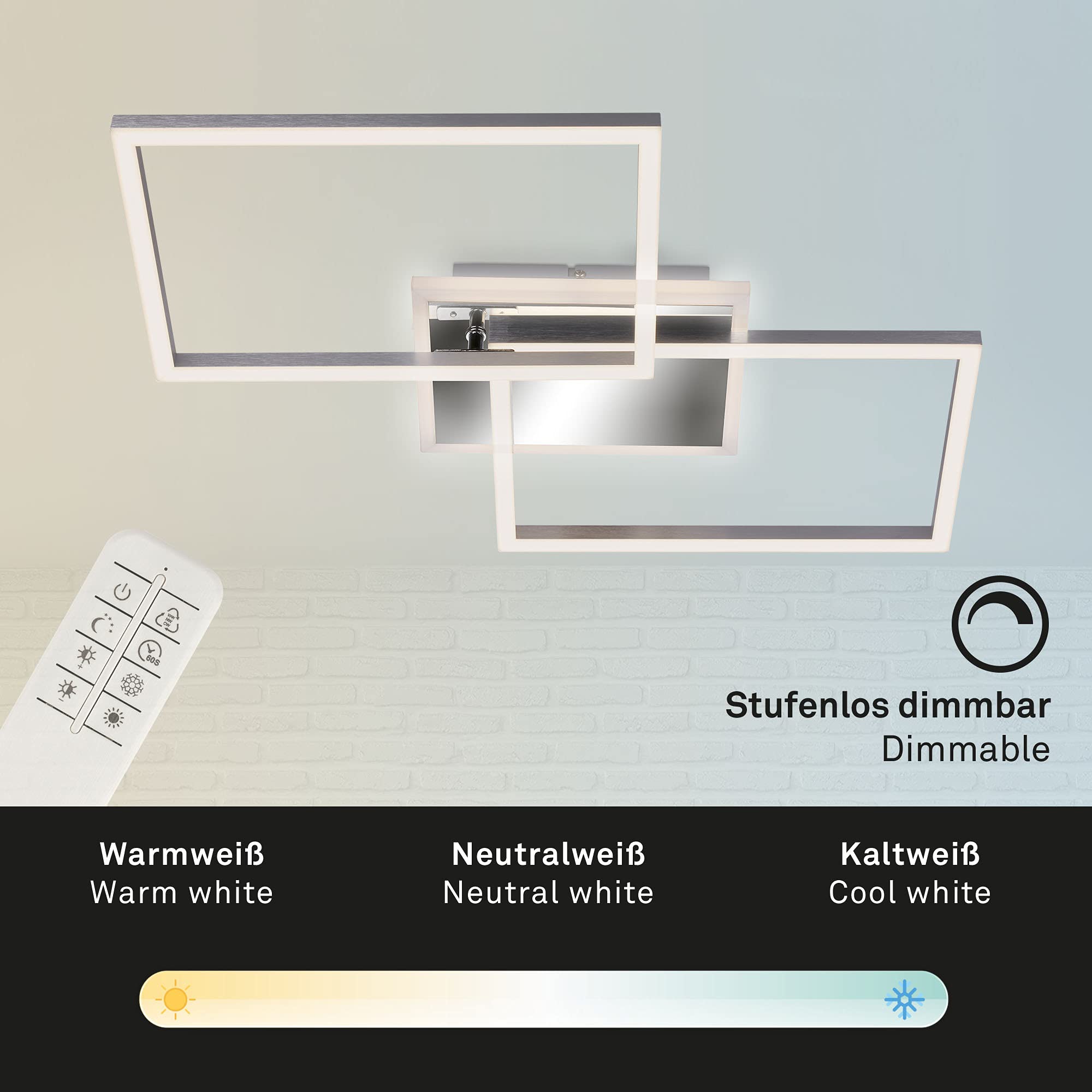 BRILONER Lampa sufitowa LED, ściemniana, z pilotem zdalnego sterowania, z regulacją temperatury barwowej, z funkcją oświetlenia nocnego i timerem, 40 W, chrom, aluminium, 500 x 388 x 80 mm (dł. x szer