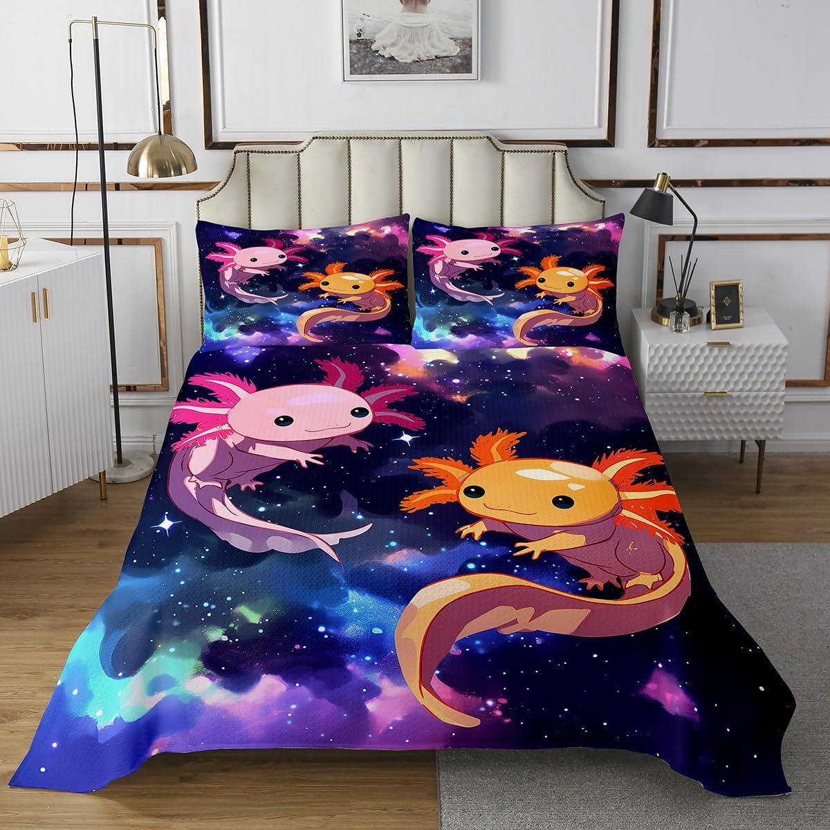 Feelyou Axolotl Quilted Coverlet Queen for Kids Boys Girls Cartoon Salamander Bedspread Ocean Sealife Coverlet Set Kawaii Quilted with 2 Pillow Case