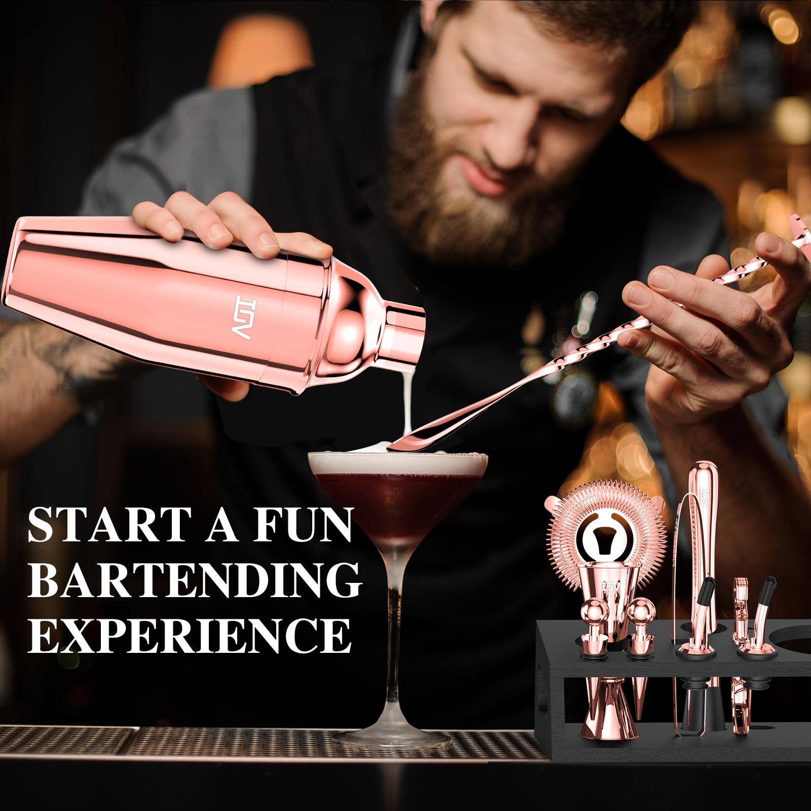 IOV Mixology - Kit da barista con supporto, set da 12 shaker per cocktail, shaker per martini da 680,4 g, per miscelare bevande, set da bar include tutti gli strumenti da bar e il libretto di ricette,