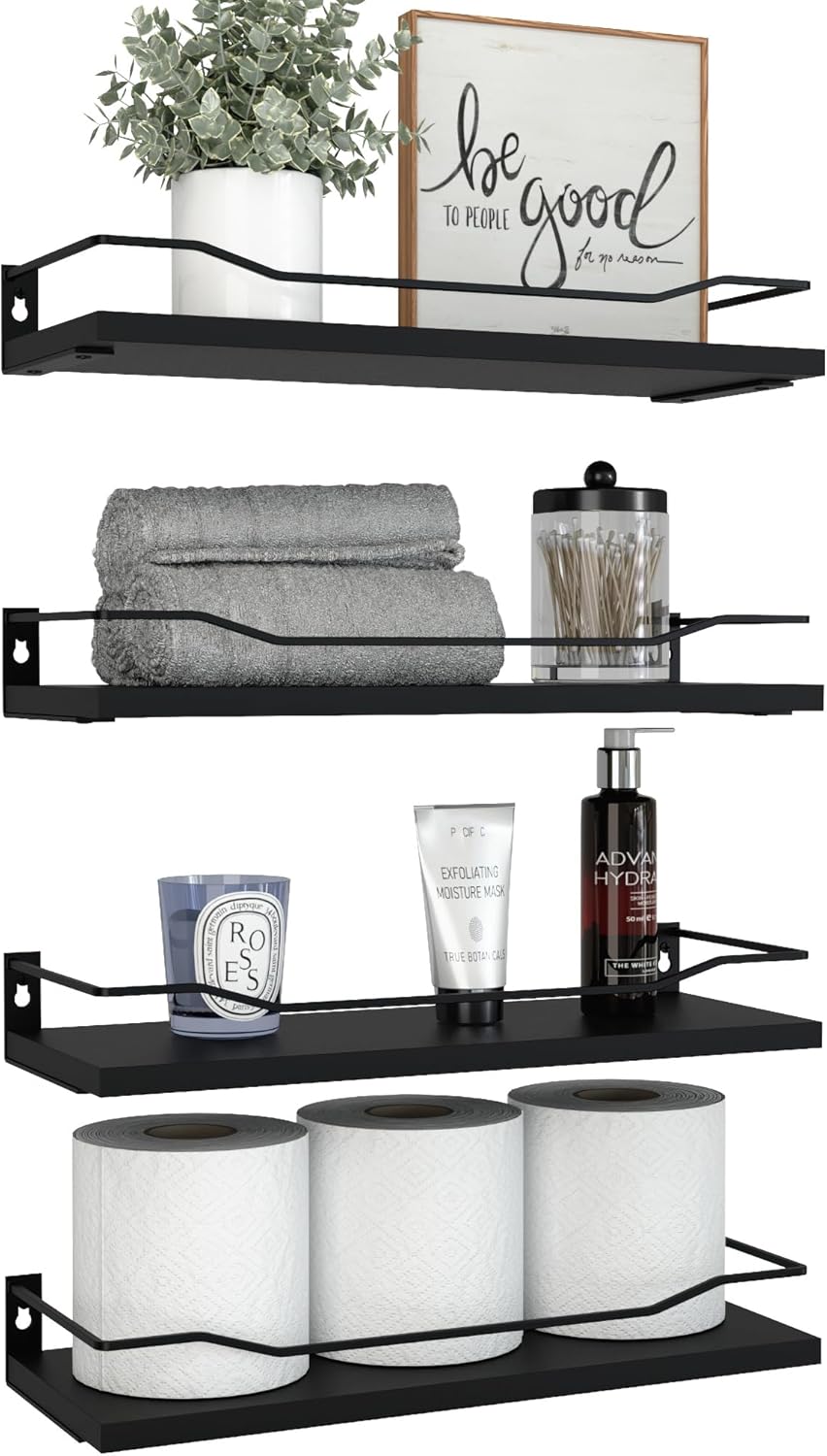 DOLLFIO Juego de 4 estantes flotantes, estantes de baño modernos sobre el inodoro con barandilla de metal, estantes colgantes montados en la pared